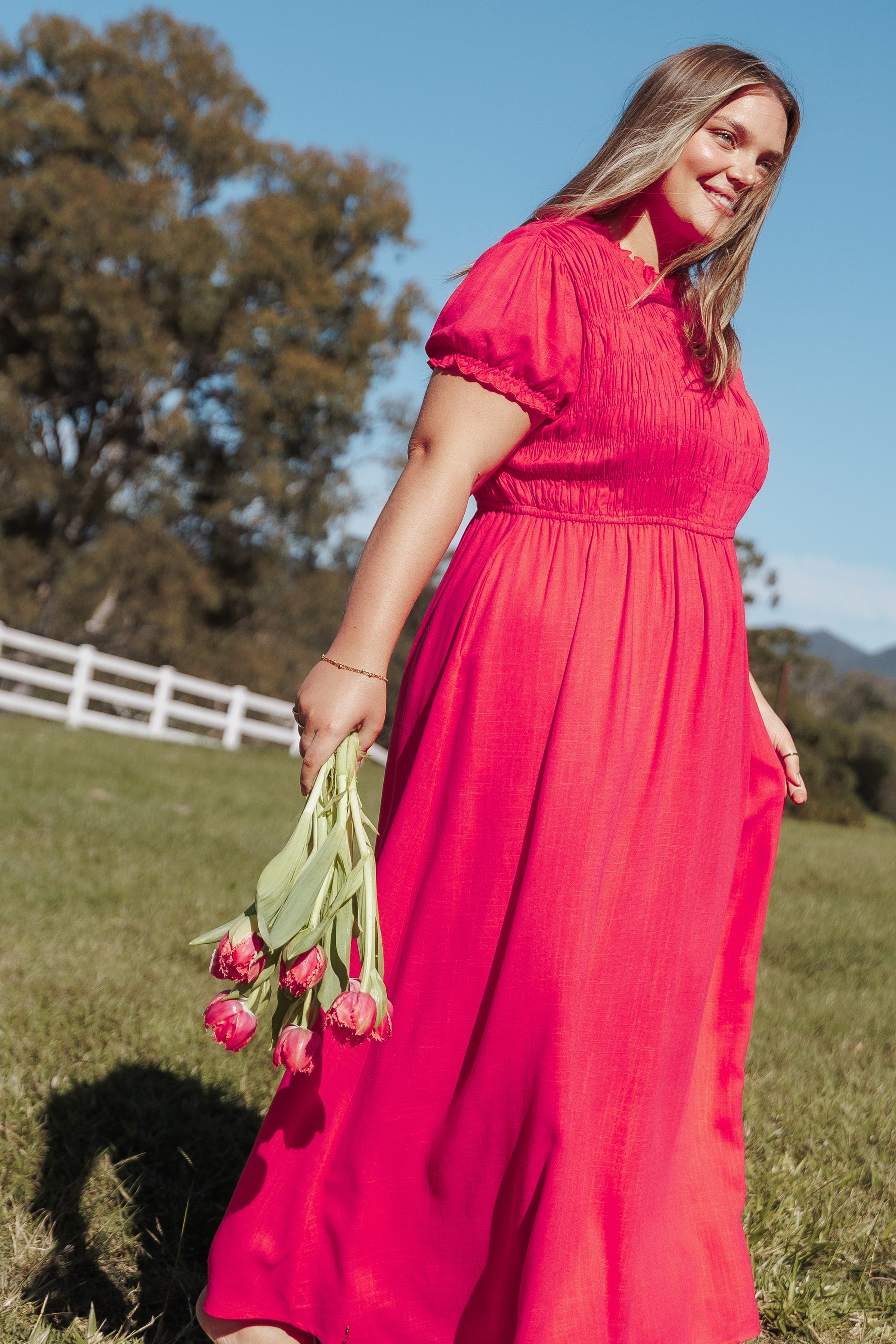 DRESSES Darla Puff Sleeve Dress - Hot Coral
