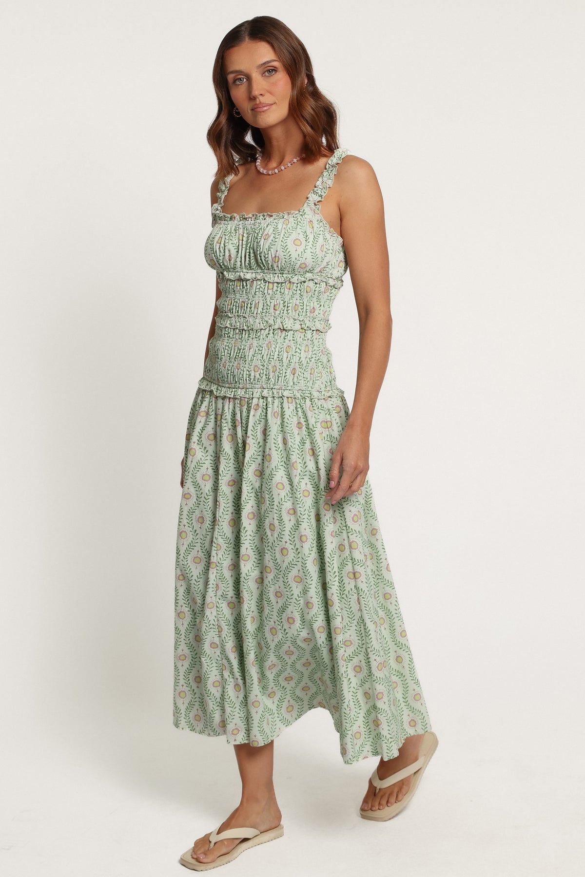 DRESSES Enola Gather Midi Dress - Green Pink Geo