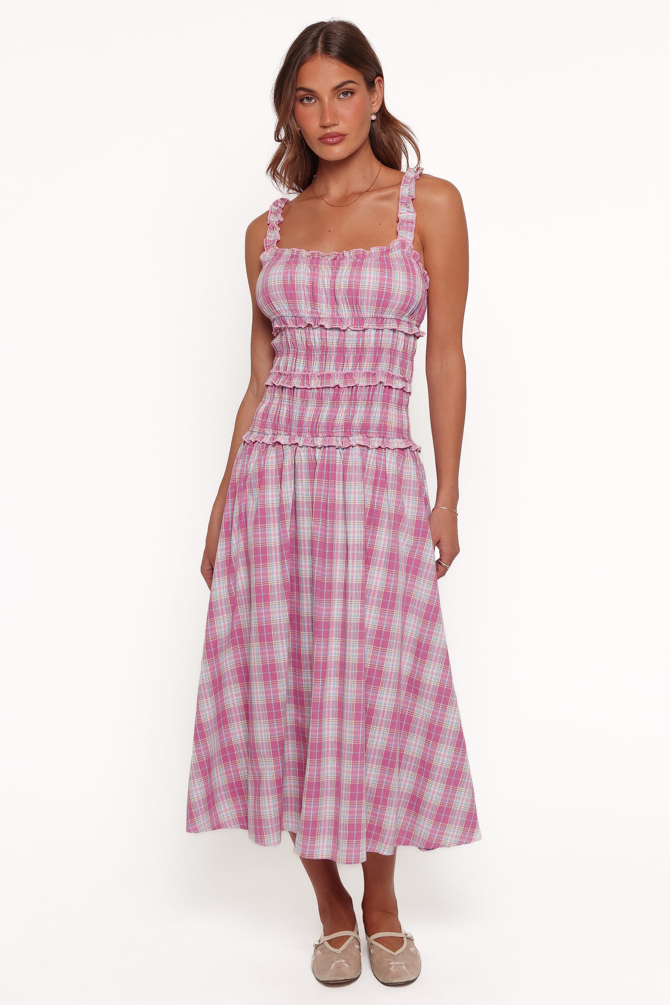 DRESSES Enola Gather Midi Dress - Pink Plaid