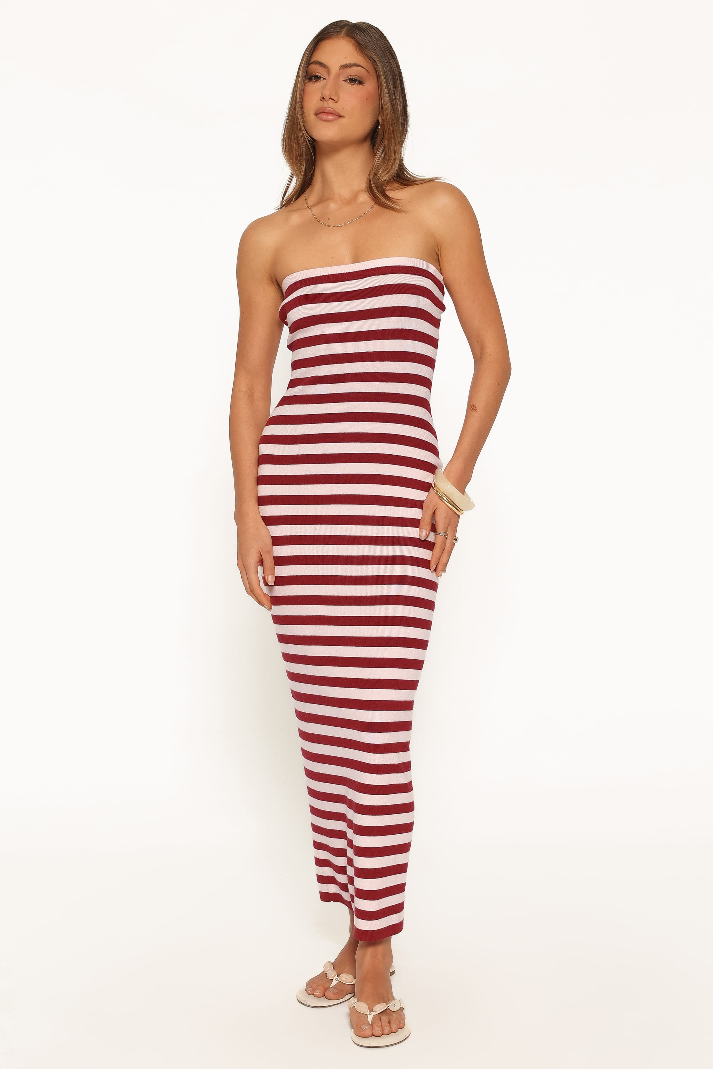 DRESSES Latoya Strapless Midi Dress - Pink Burgundy Stripe