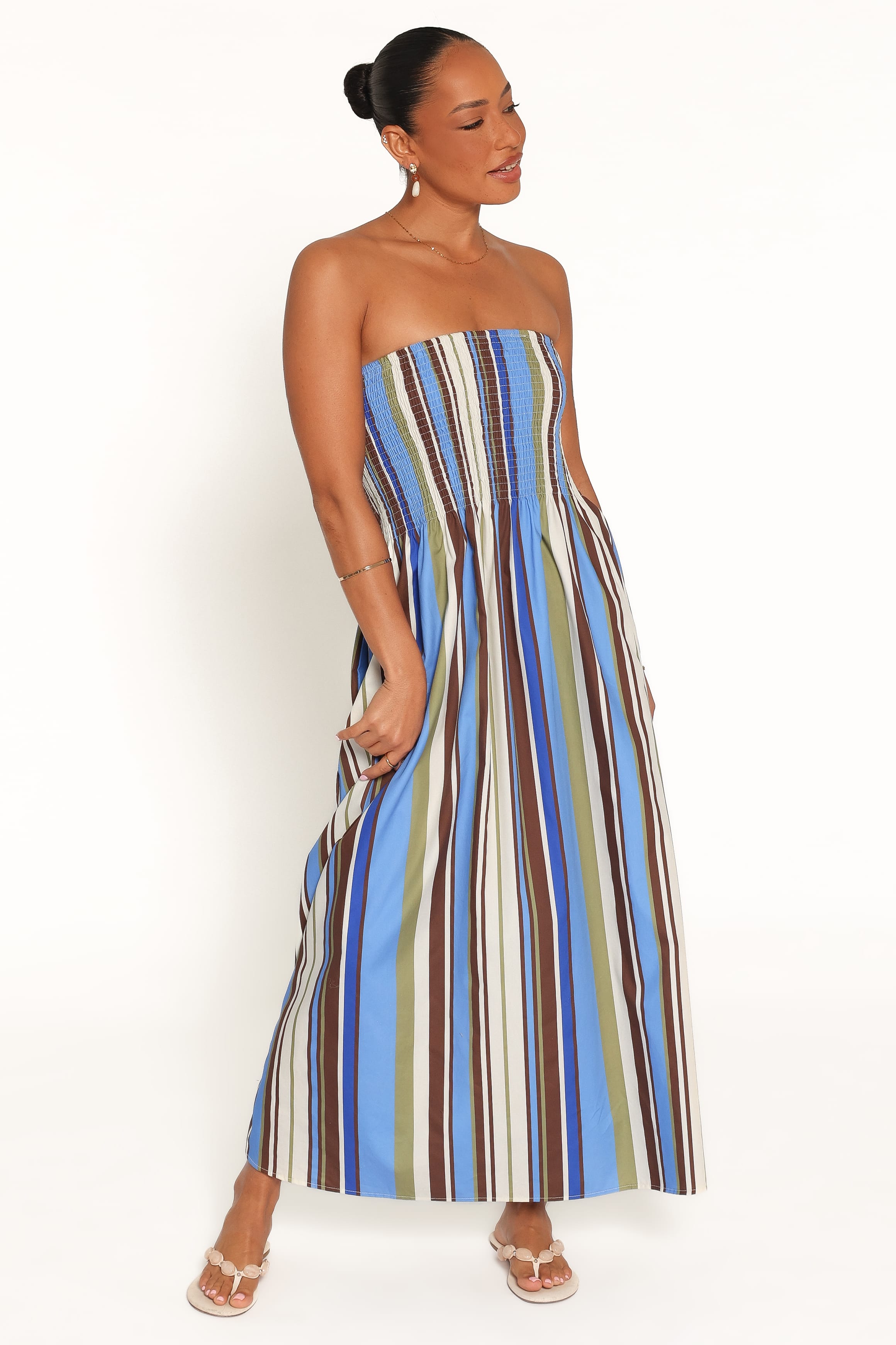 DRESSES Nella Strapless Maxi Dress - Blue/Khaki Stripe