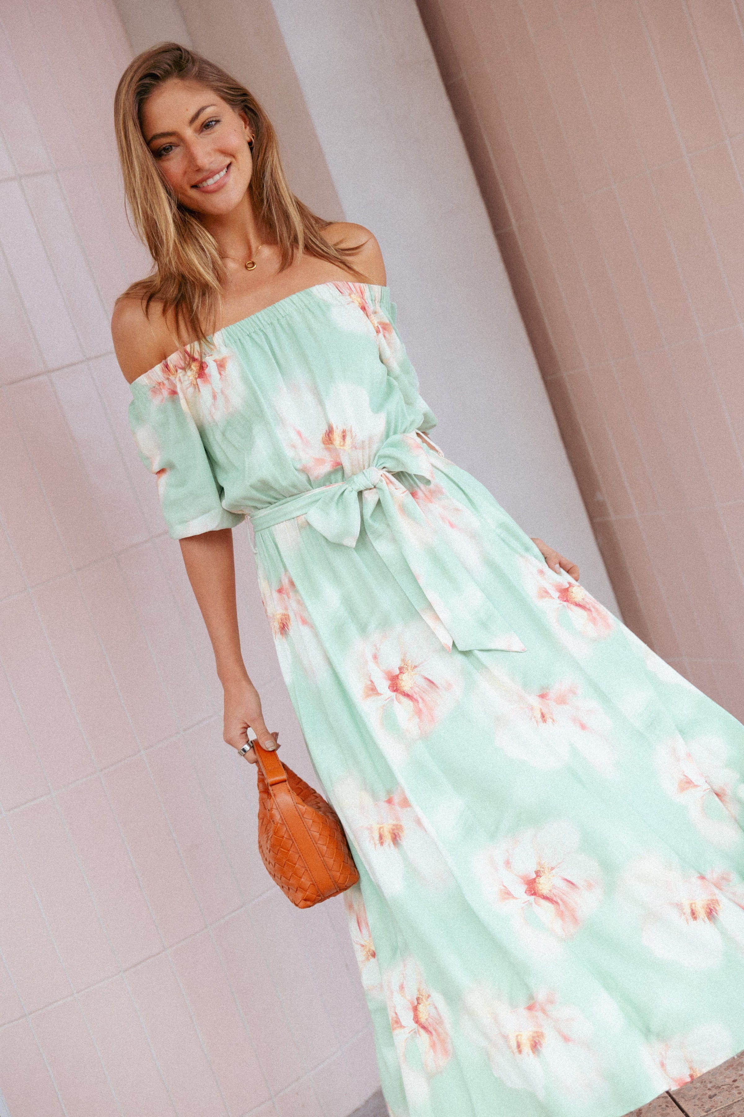 DRESSES Nori Off Shoulder Maxi Dress - Jade Green Blurred Floral