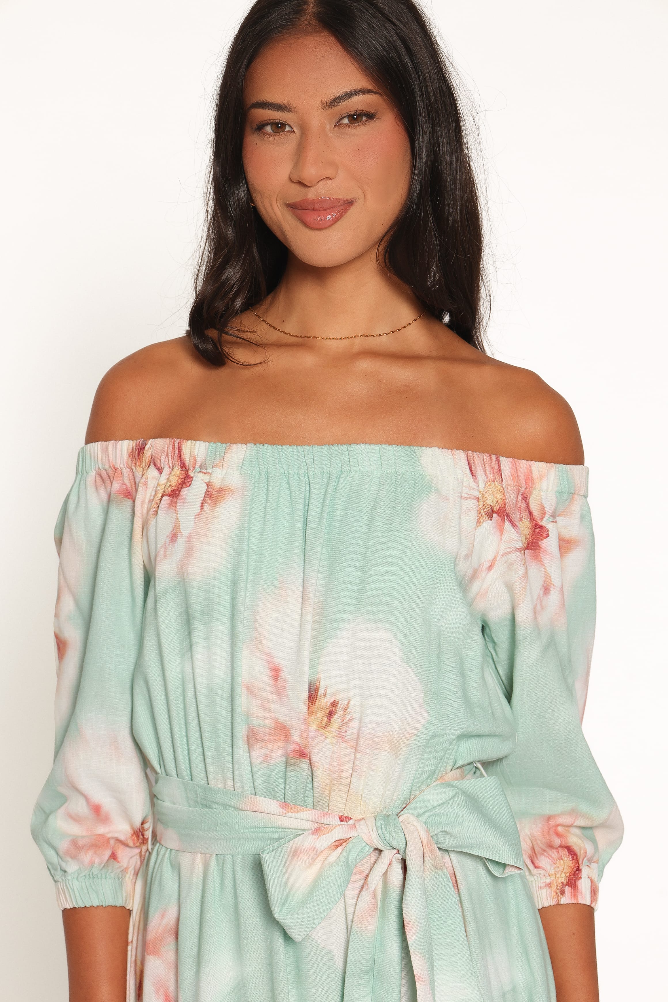 DRESSES Nori Off Shoulder Maxi Dress - Jade Green Blurred Floral
