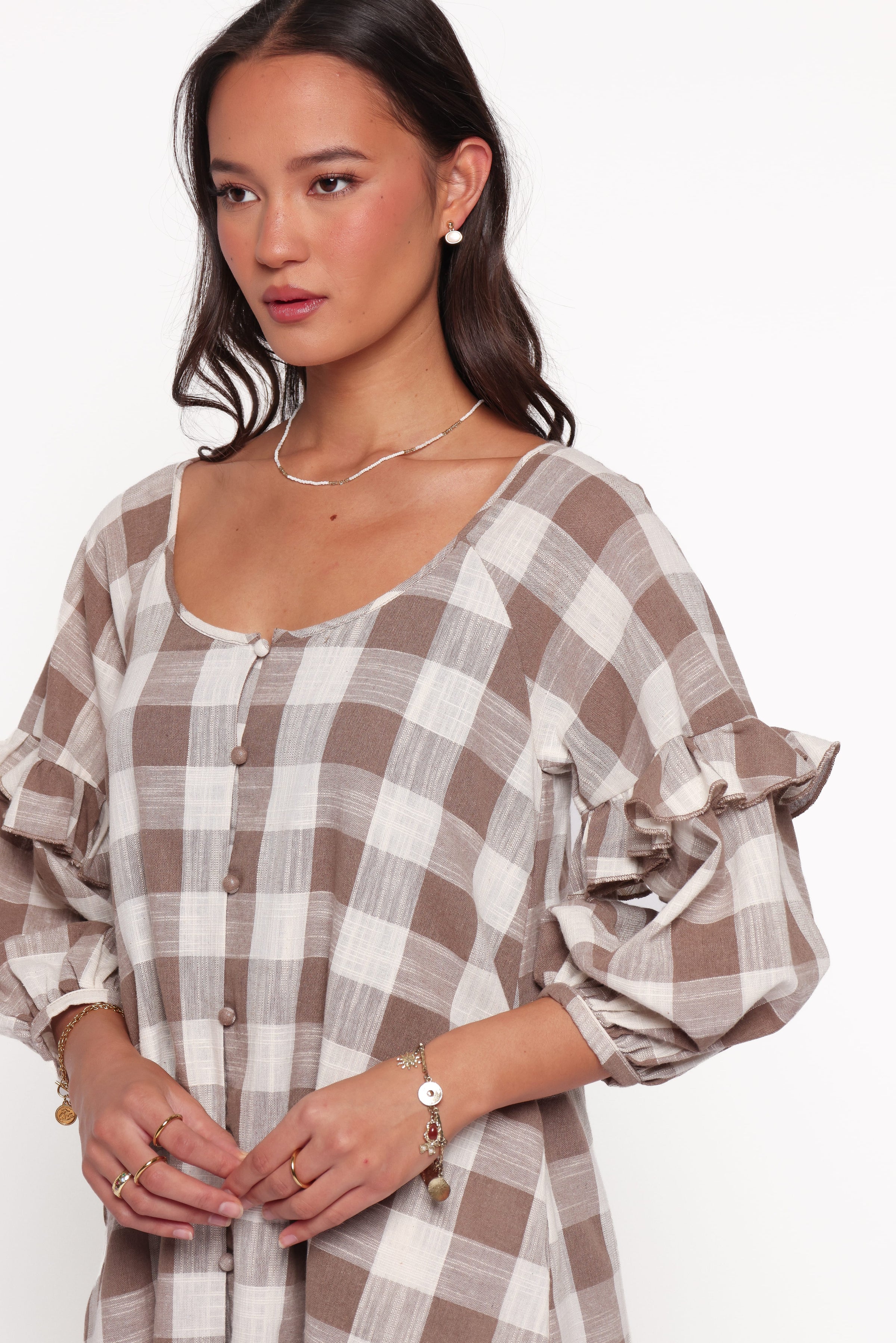 DRESSES Shiloh Long Sleeve Mini Dress - Brown Gingham