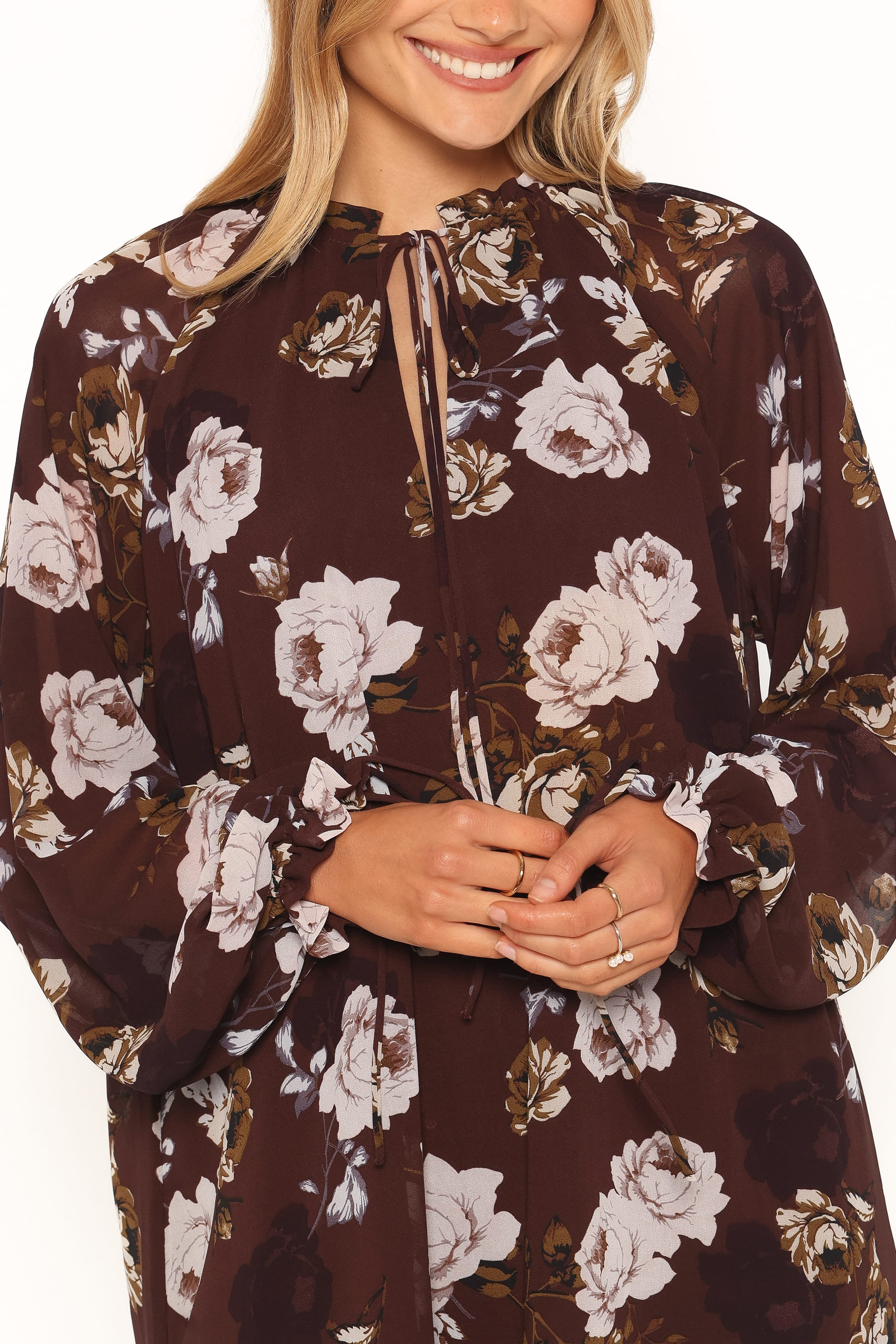 DRESSES Sigrid Tie Cuff Mini Dress - Brown Floral