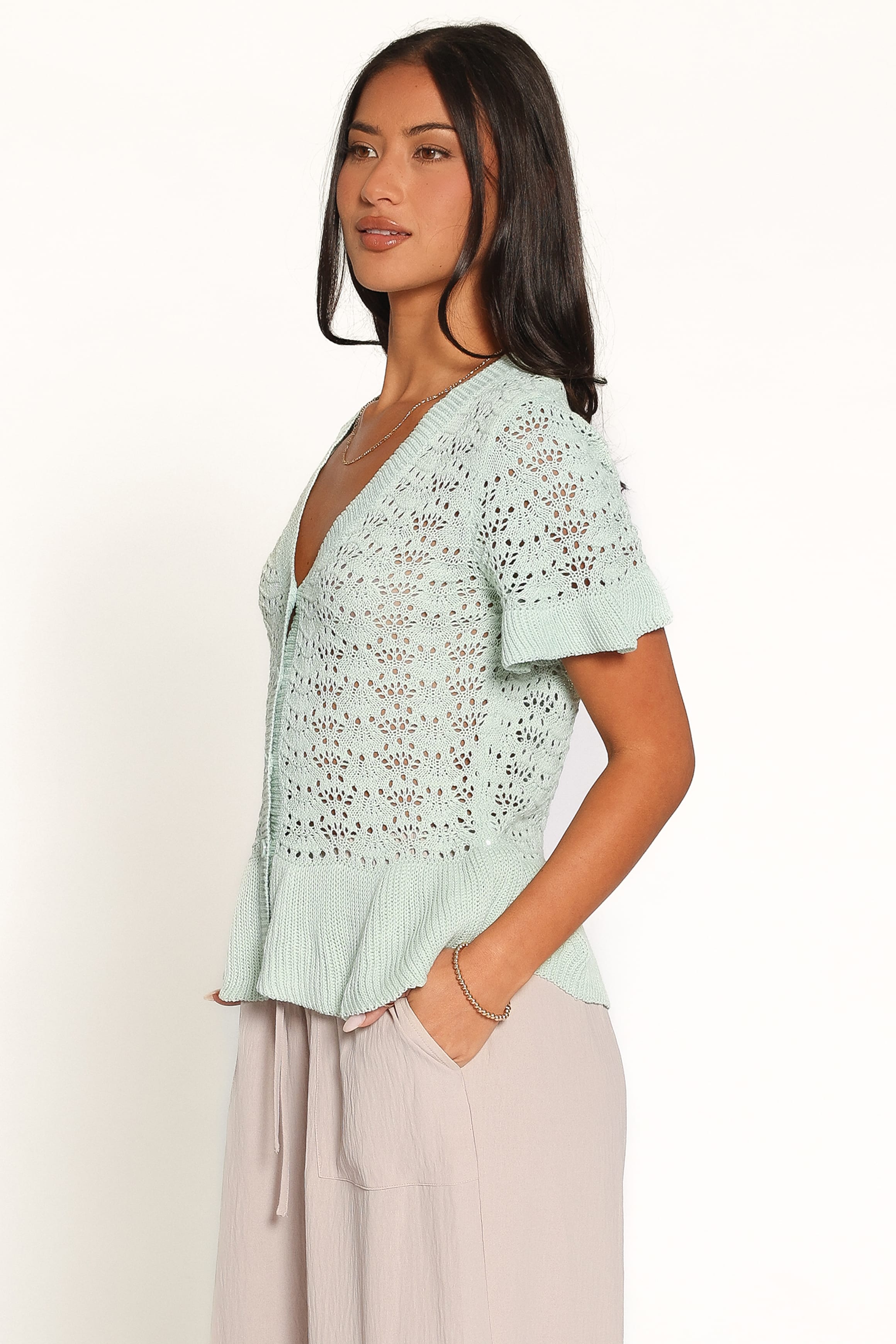KNITWEAR Bennie Peplum Cardigan Top - Green
