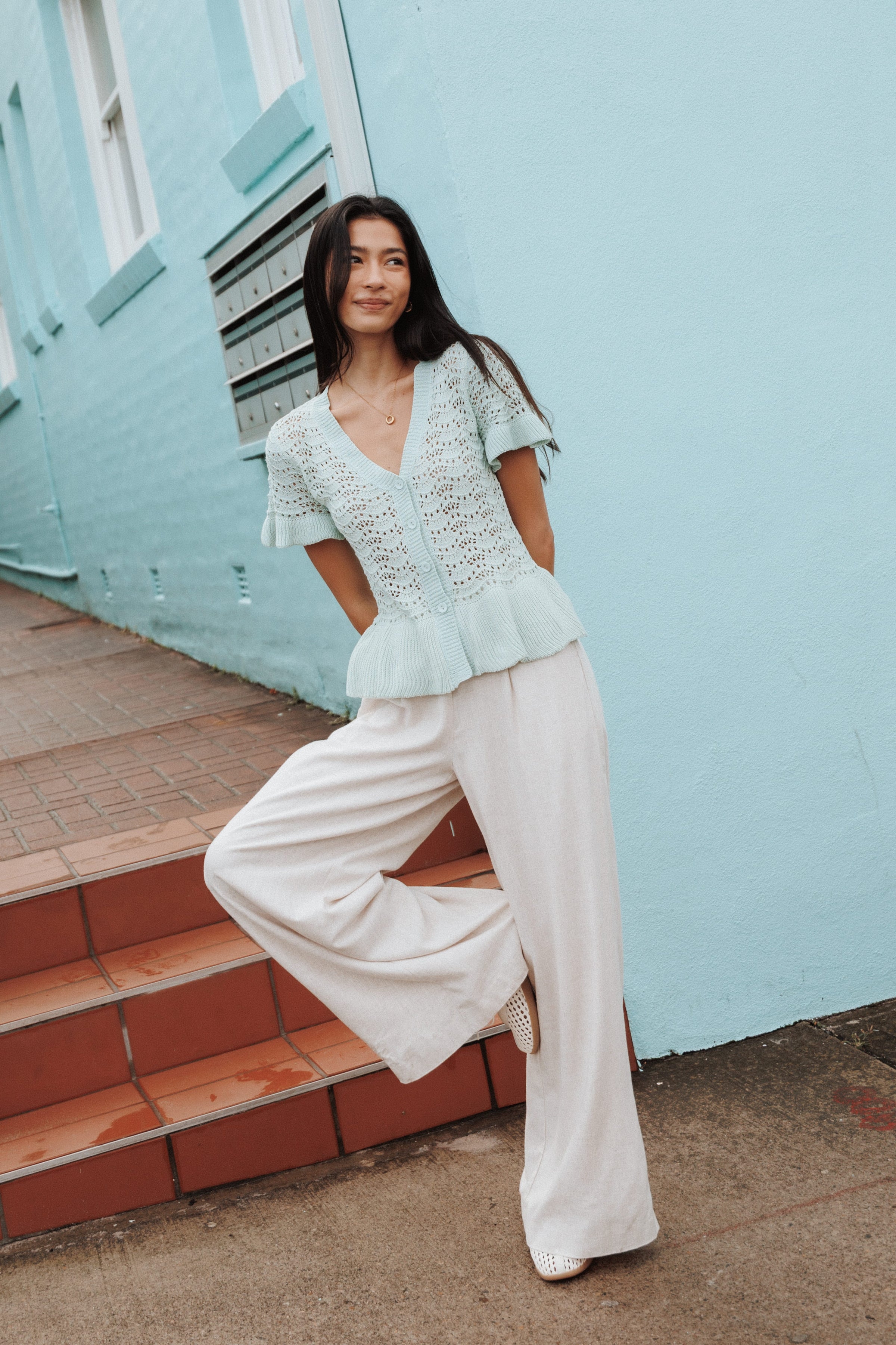 KNITWEAR Bennie Peplum Cardigan Top - Green