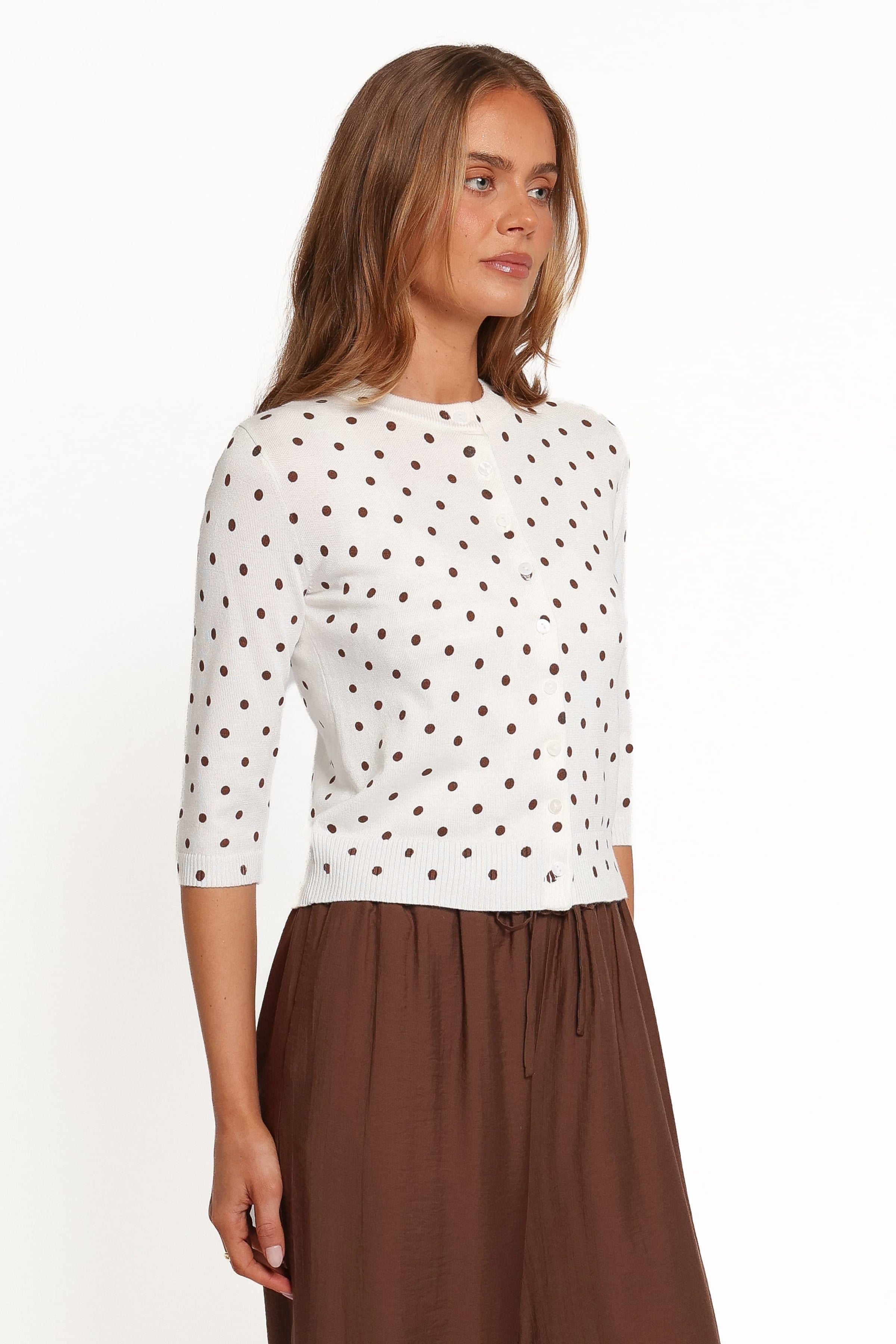 KNITWEAR Benson 3/4 Sleeve Cardigan - White Polka Dot