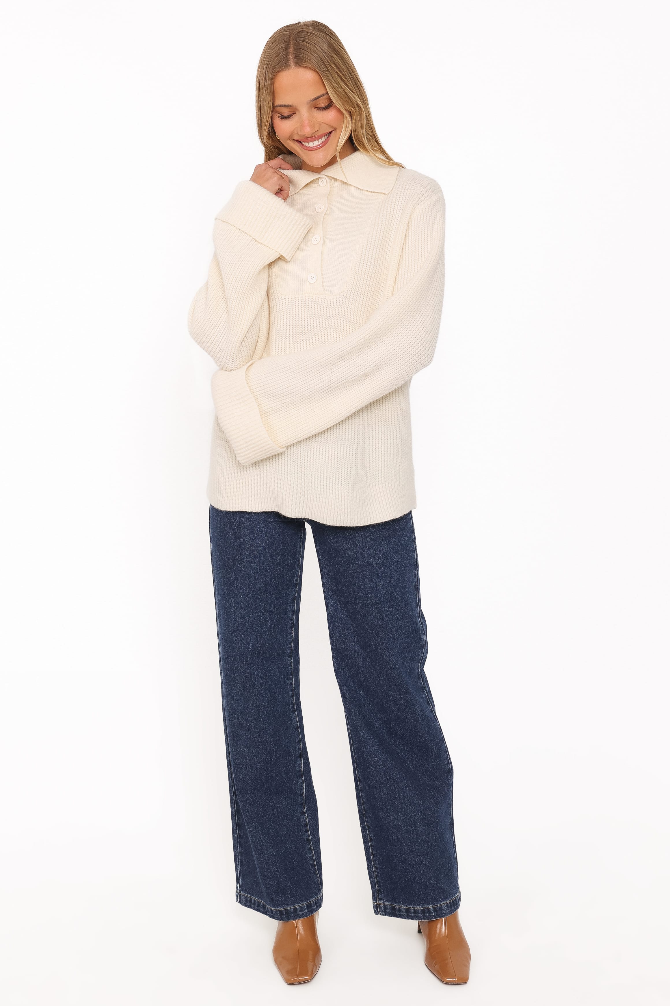KNITWEAR Chadley Quarter Button Sweater - Cream