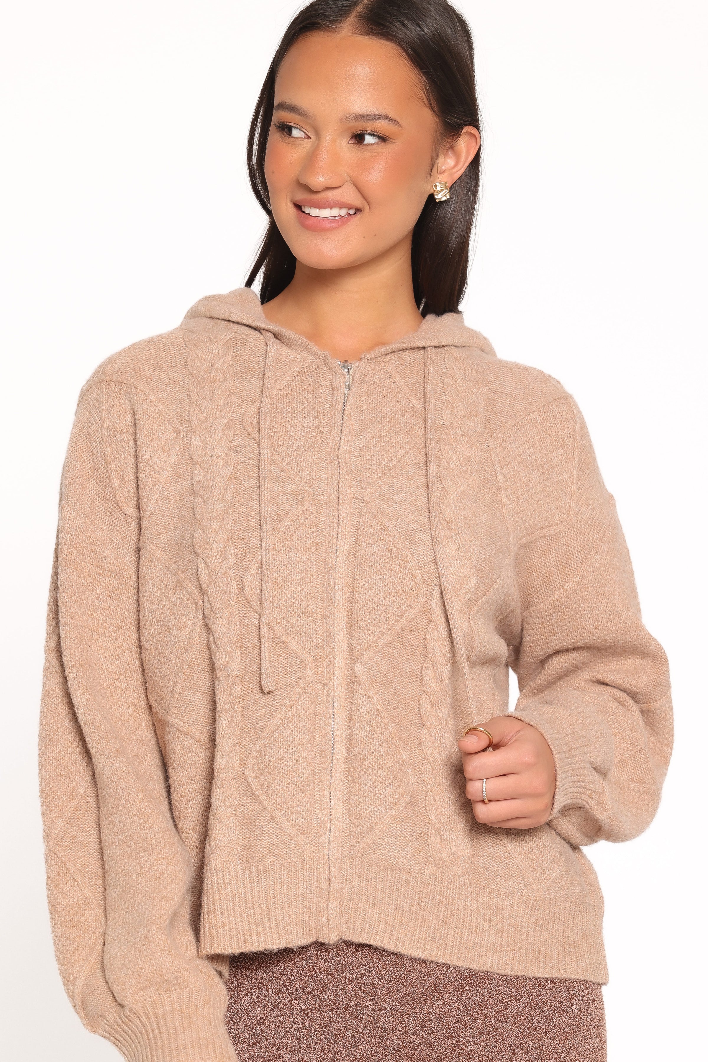 KNITWEAR Charlene Cable Knit Zip Hoodie - Taupe
