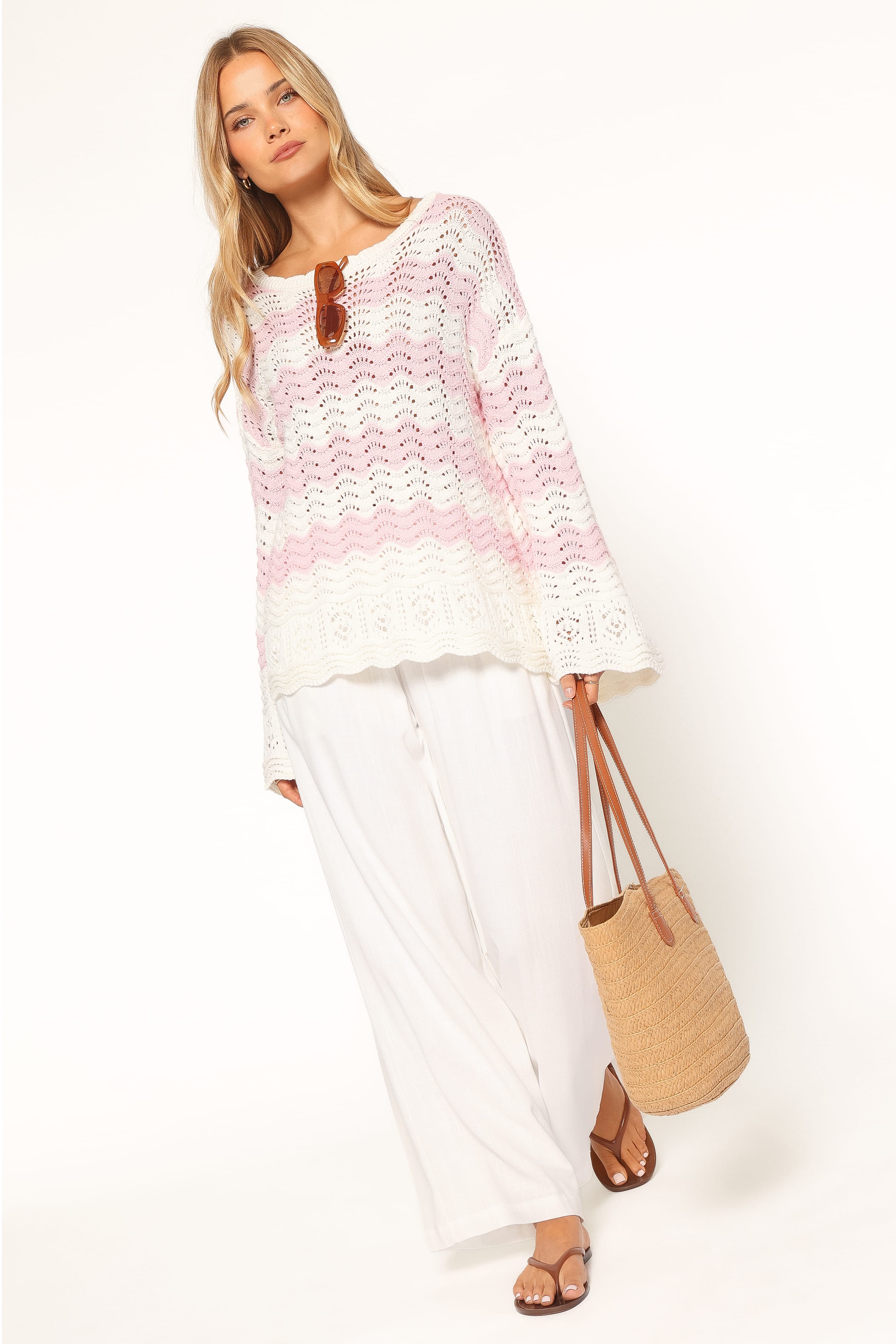 KNITWEAR Corinna Pointelle Stitch Sweater - Pink White
