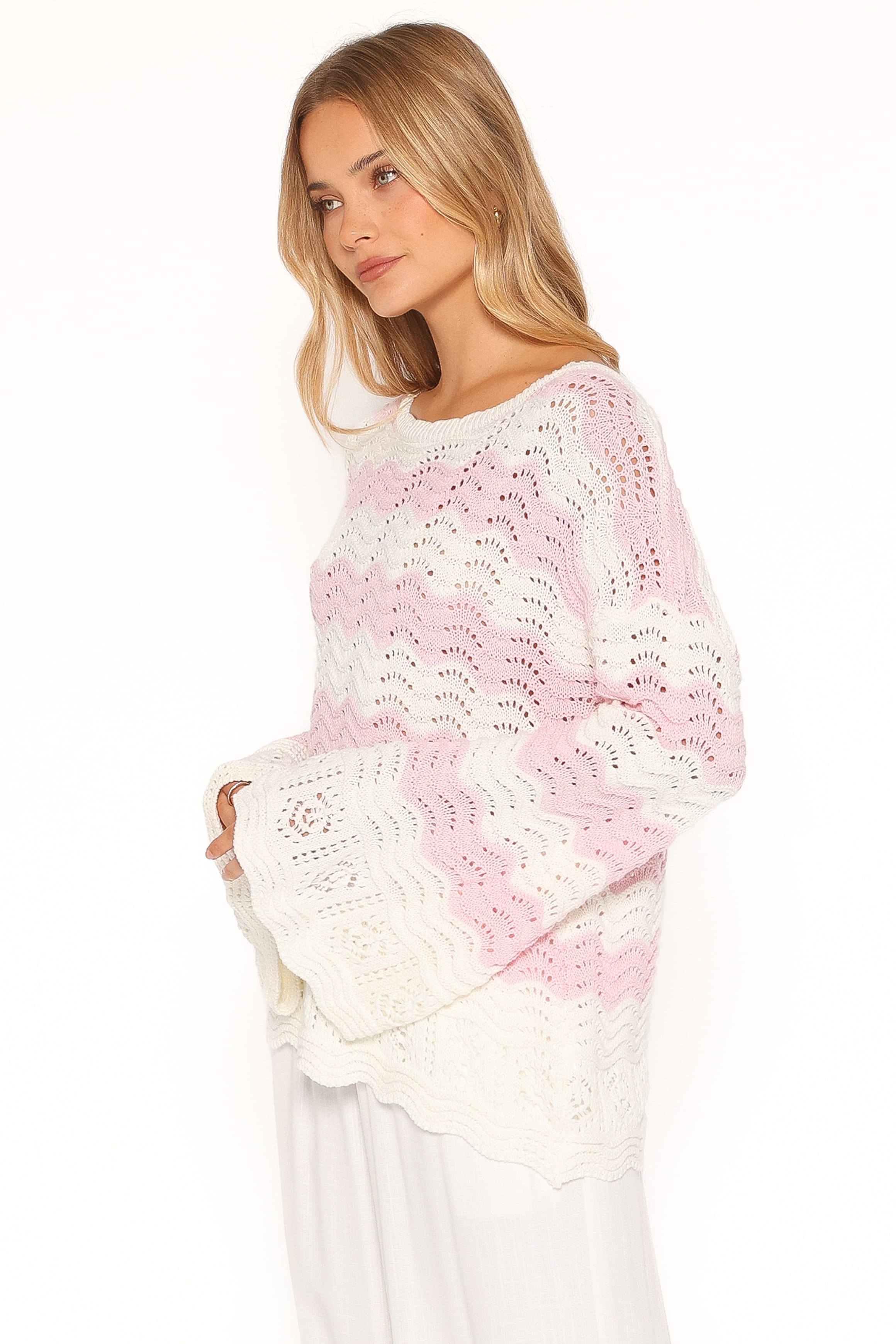 KNITWEAR Corinna Pointelle Stitch Sweater - Pink White