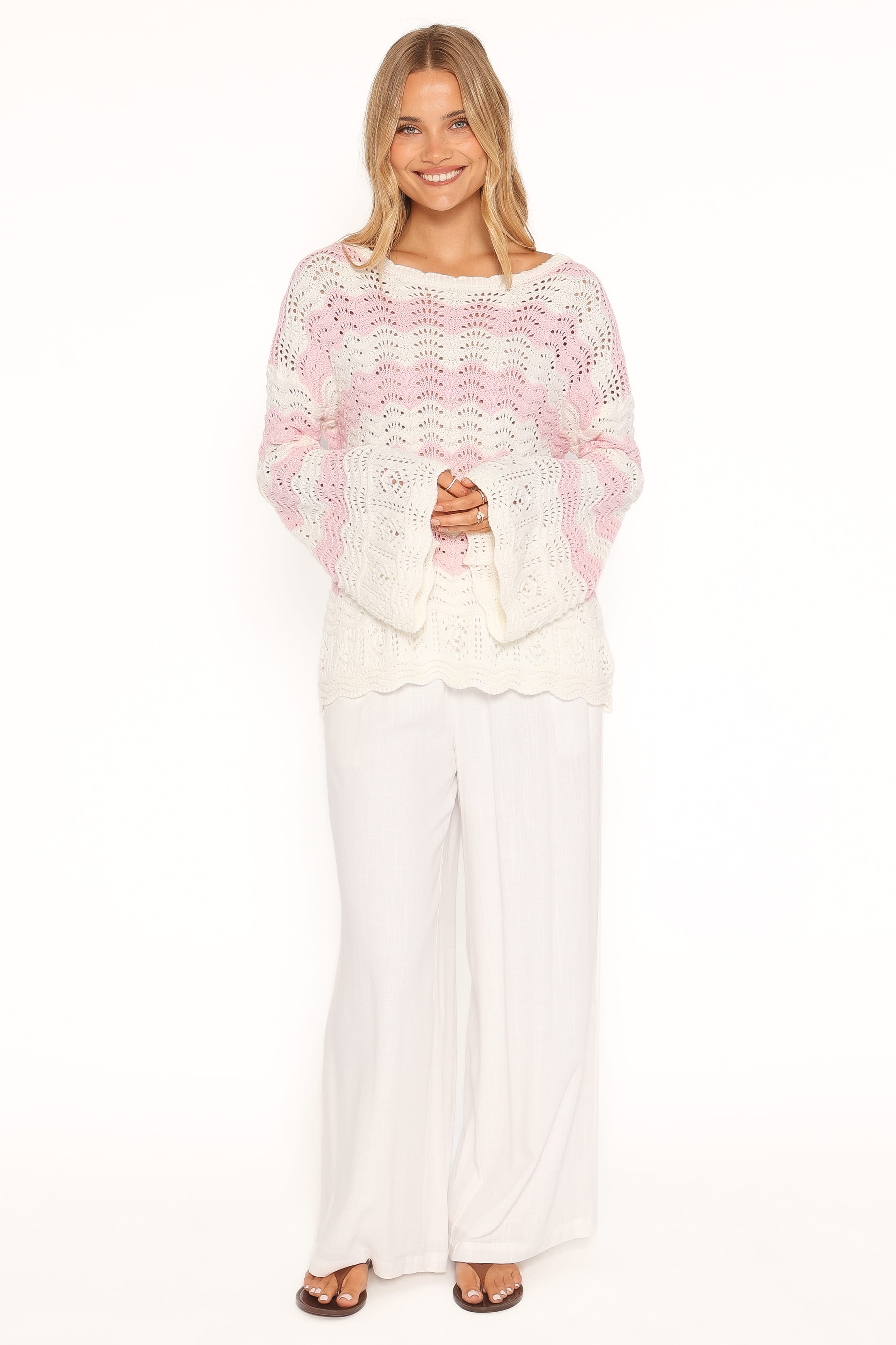 KNITWEAR Corinna Pointelle Stitch Sweater - Pink White