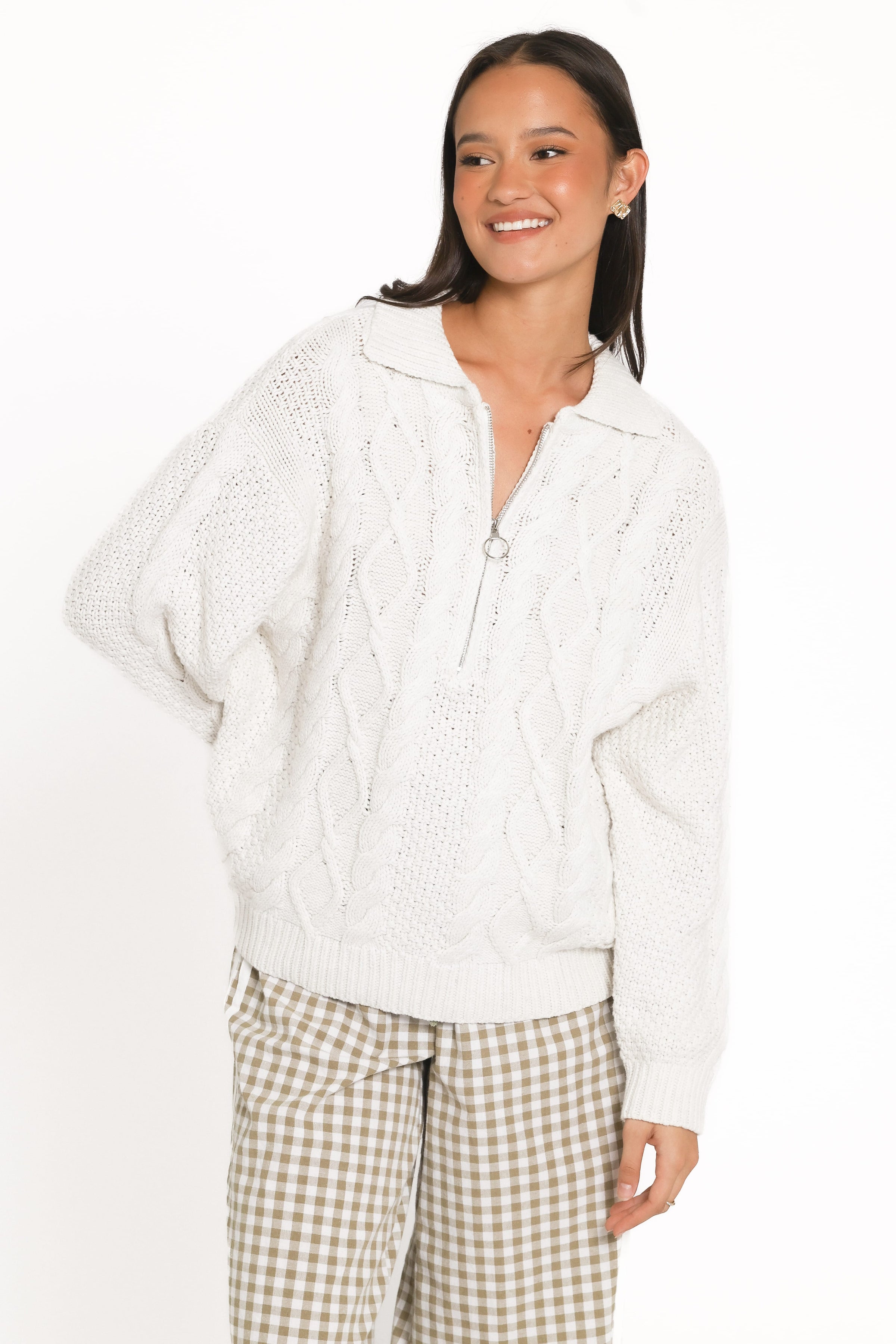 KNITWEAR Rema Quarter Zip Cable Sweater - Ivory Marl