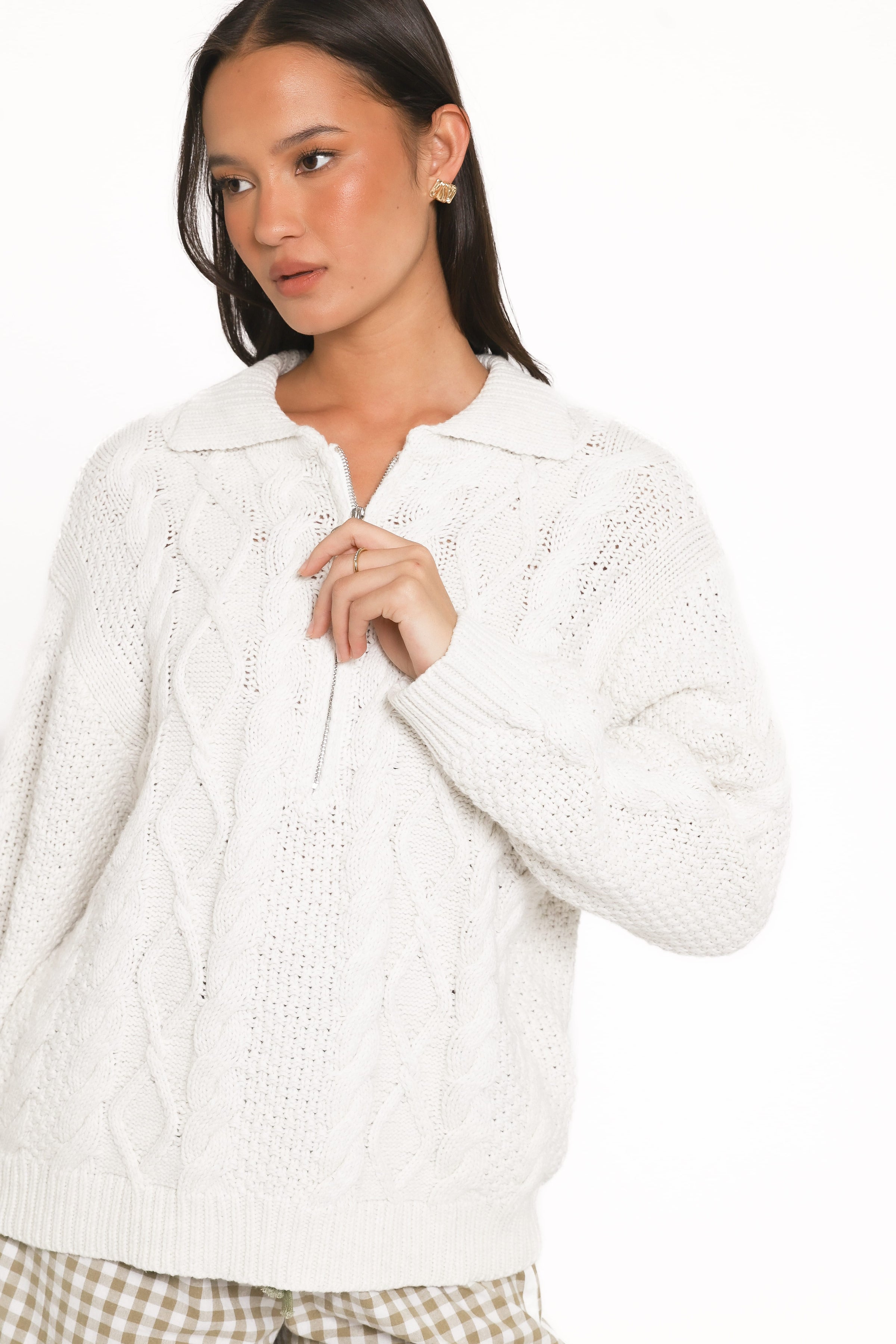 KNITWEAR Rema Quarter Zip Cable Sweater - Ivory Marl
