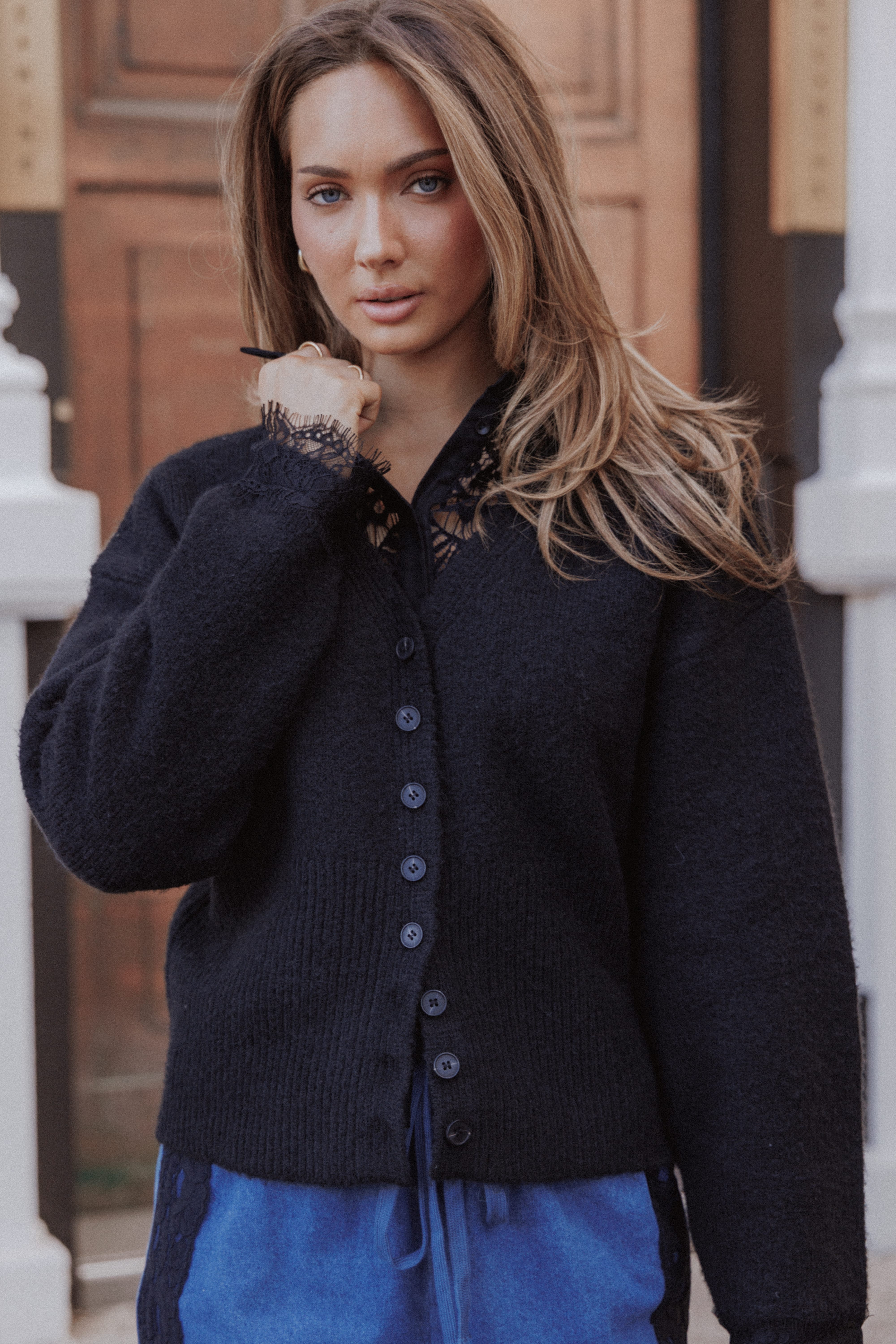 KNITWEAR Salome Lace Trimmed Cardigan - Black