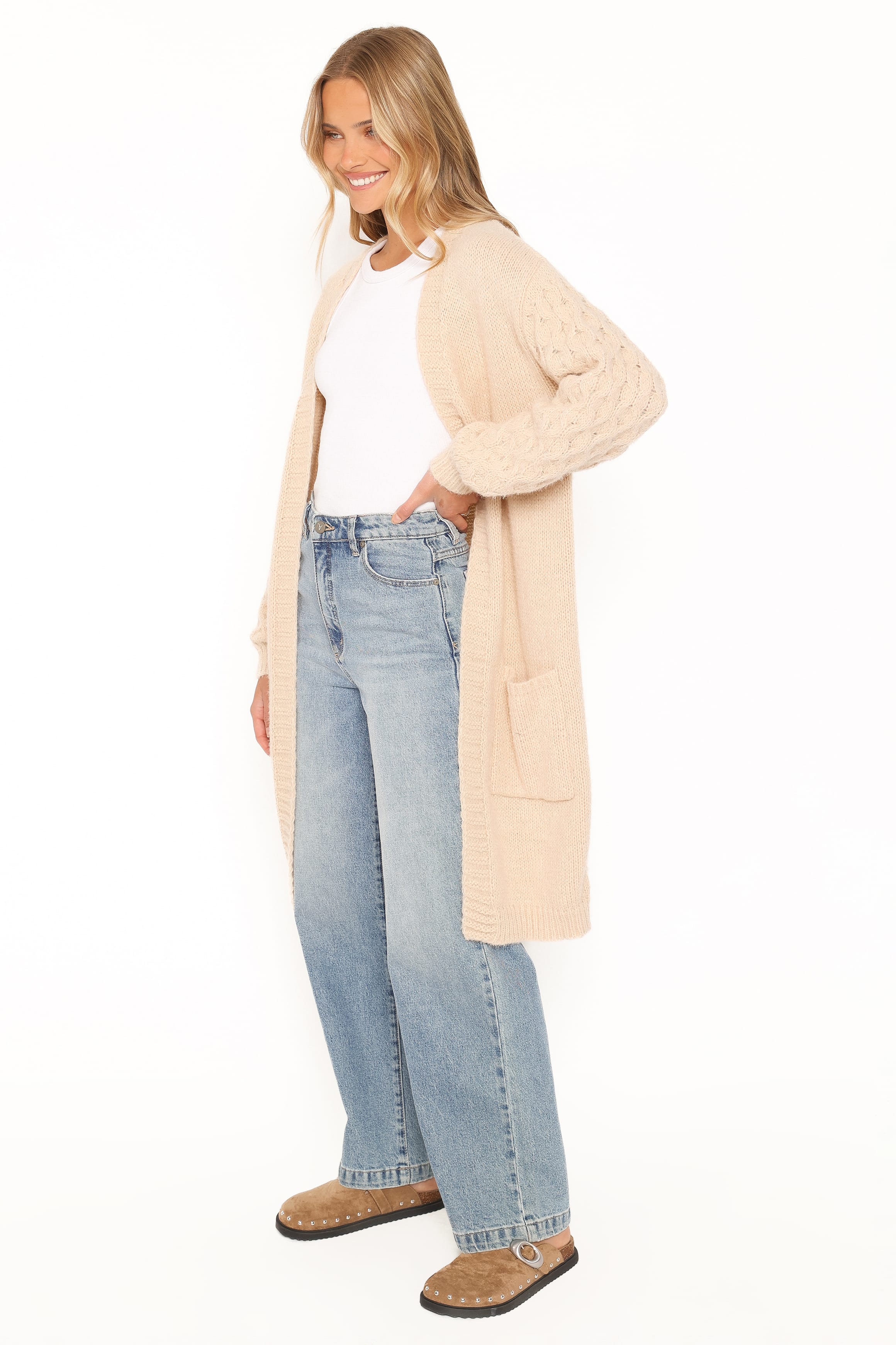 KNITWEAR Tirsa Textured Open Cardigan - Beige