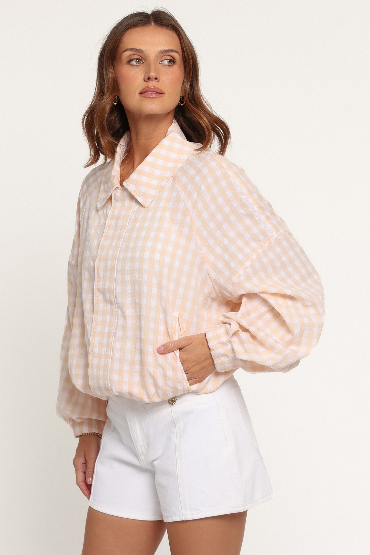 OUTERWEAR Bevin Lightweight Bomber Jacket - Peach Gingham