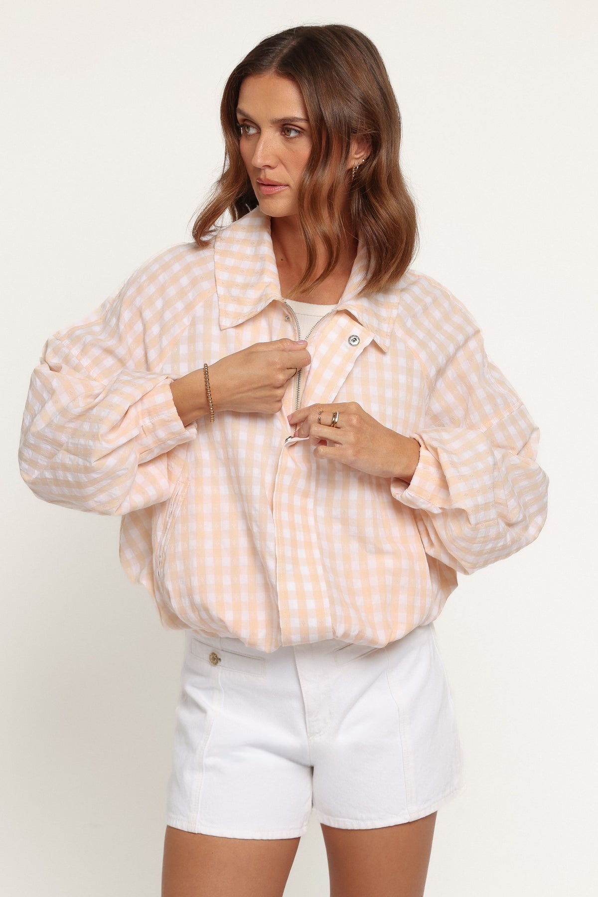 OUTERWEAR Bevin Lightweight Bomber Jacket - Peach Gingham