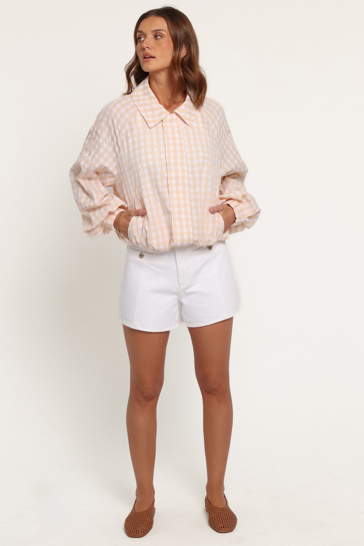 OUTERWEAR Bevin Lightweight Bomber Jacket - Peach Gingham