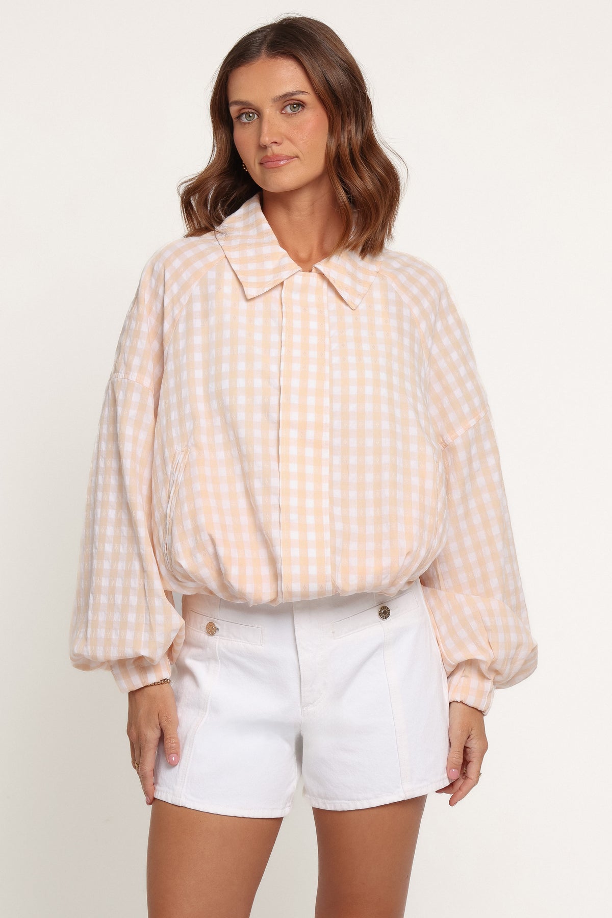 OUTERWEAR Bevin Lightweight Bomber Jacket - Peach Gingham