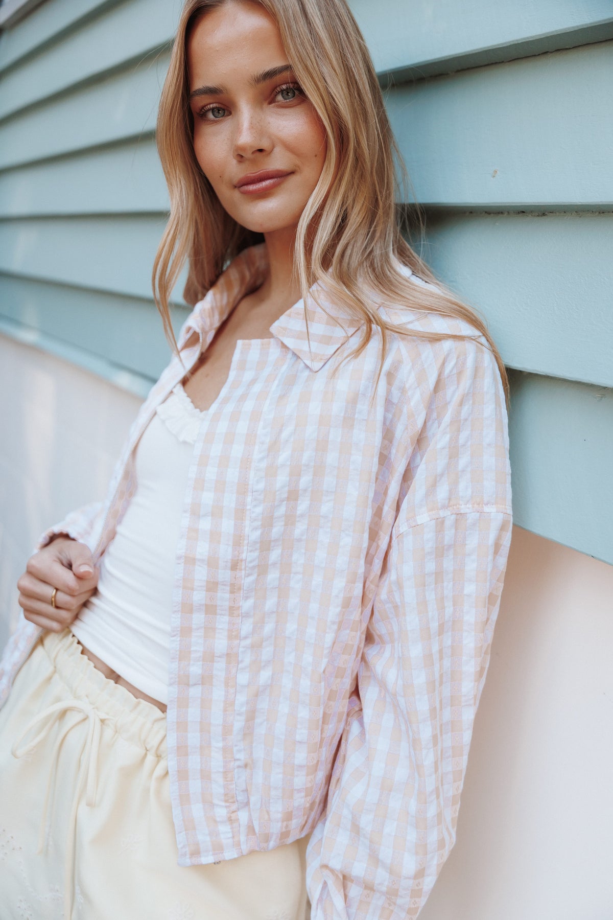 OUTERWEAR Bevin Lightweight Bomber Jacket - Peach Gingham