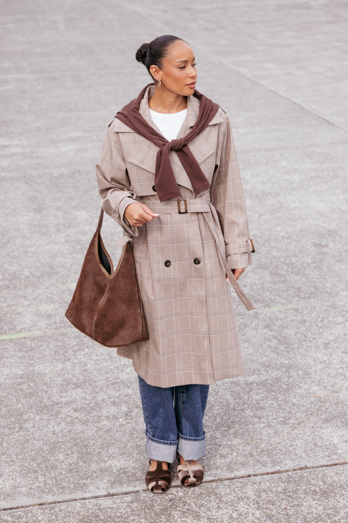 OUTERWEAR Billy Button Front Trench Coat - Brown Plaid