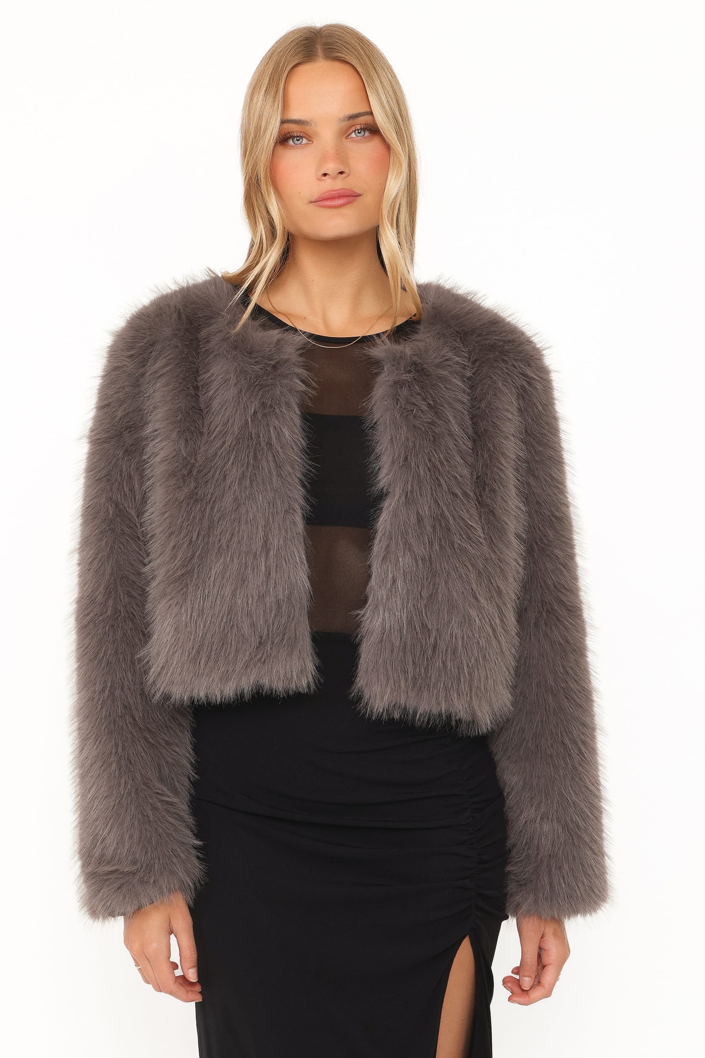 OUTERWEAR Connie Faux Fur Cropped Jacket - Gunmetal Grey