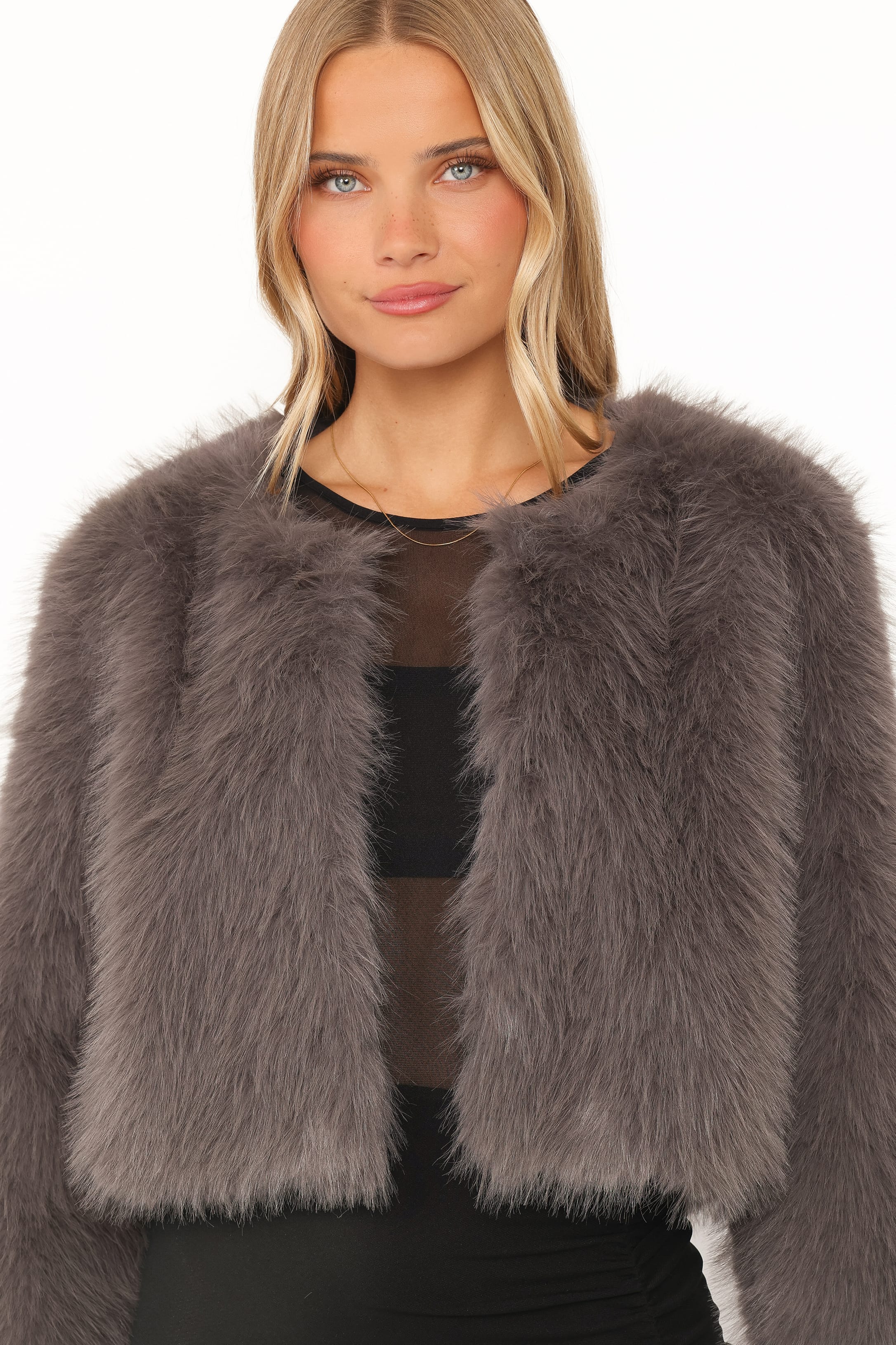 OUTERWEAR Connie Faux Fur Cropped Jacket - Gunmetal Grey