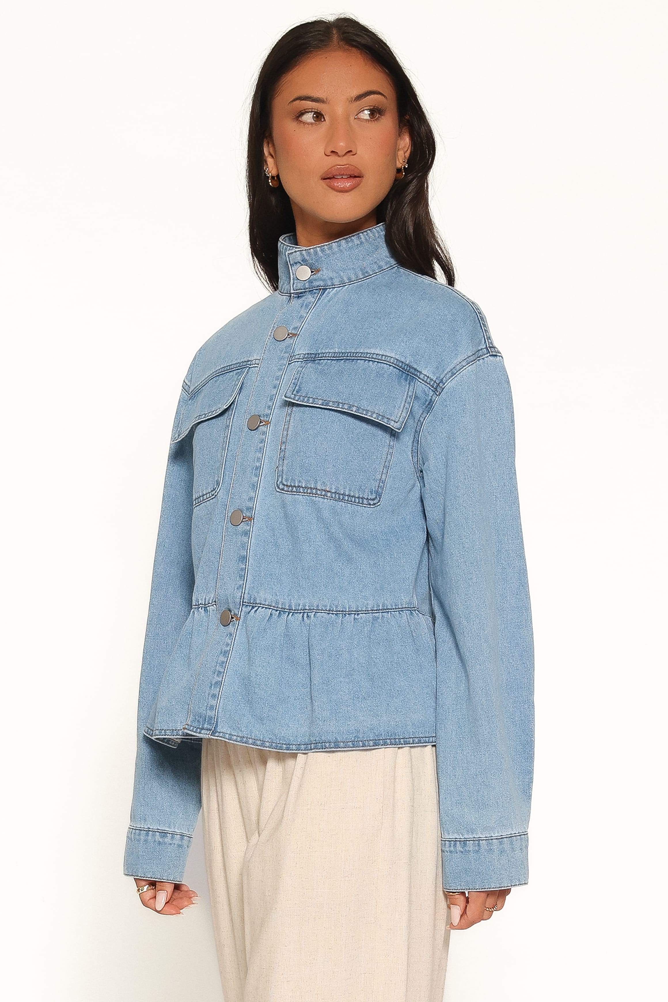 OUTERWEAR Darna Peplum Denim Jacket - Medium Wash
