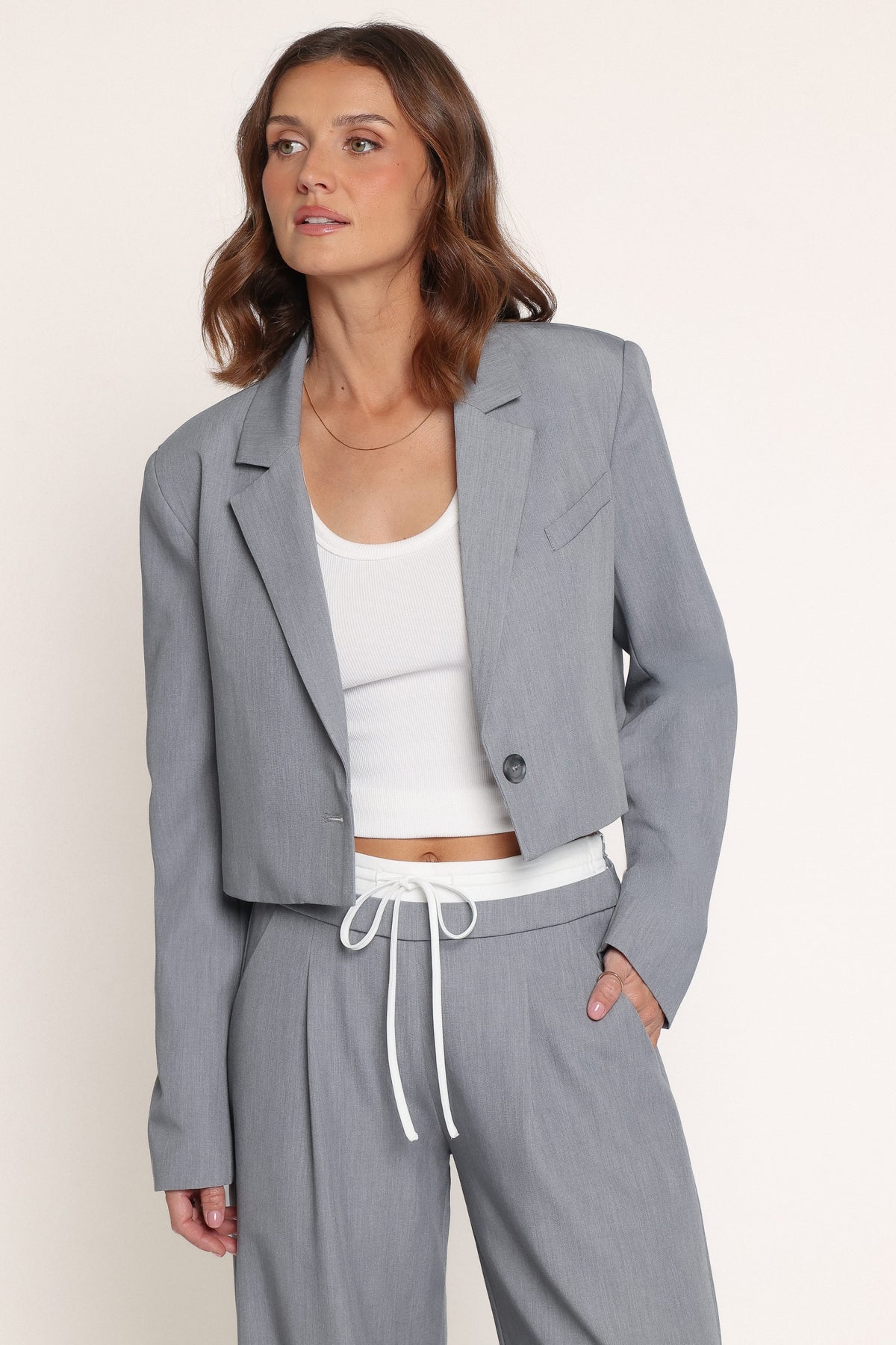OUTERWEAR Drapey Cropped Single Button Blazer - Heather Grey