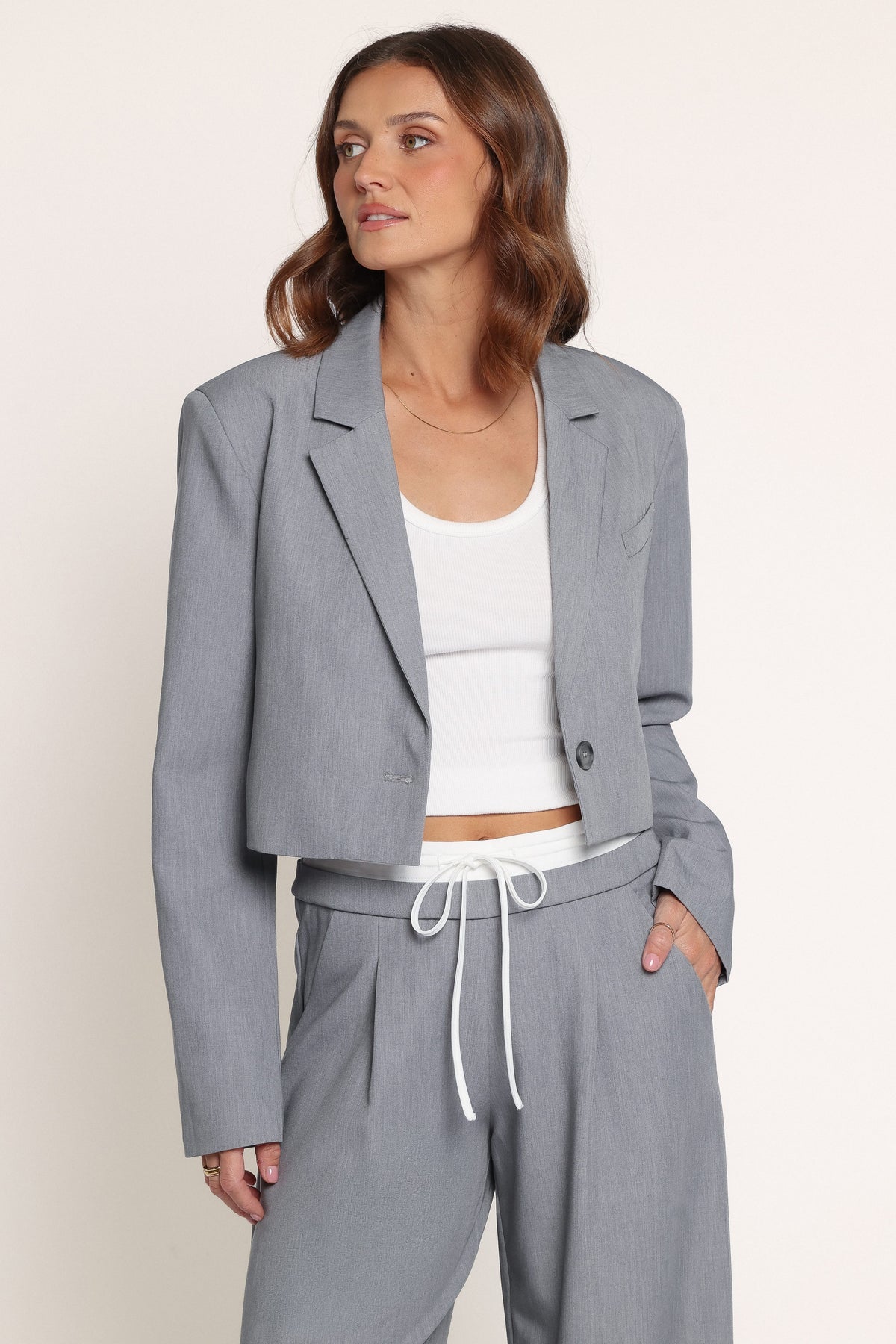 OUTERWEAR Drapey Cropped Single Button Blazer - Heather Grey