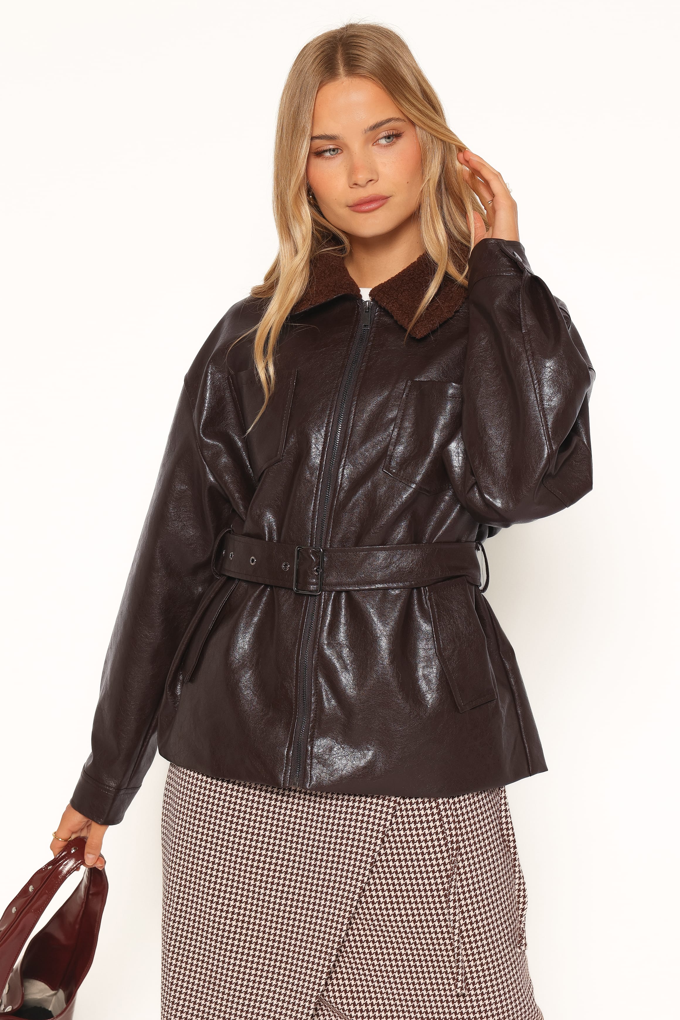 OUTERWEAR Hedley Belted Jacket - Chocolate Brown Vegan Leather