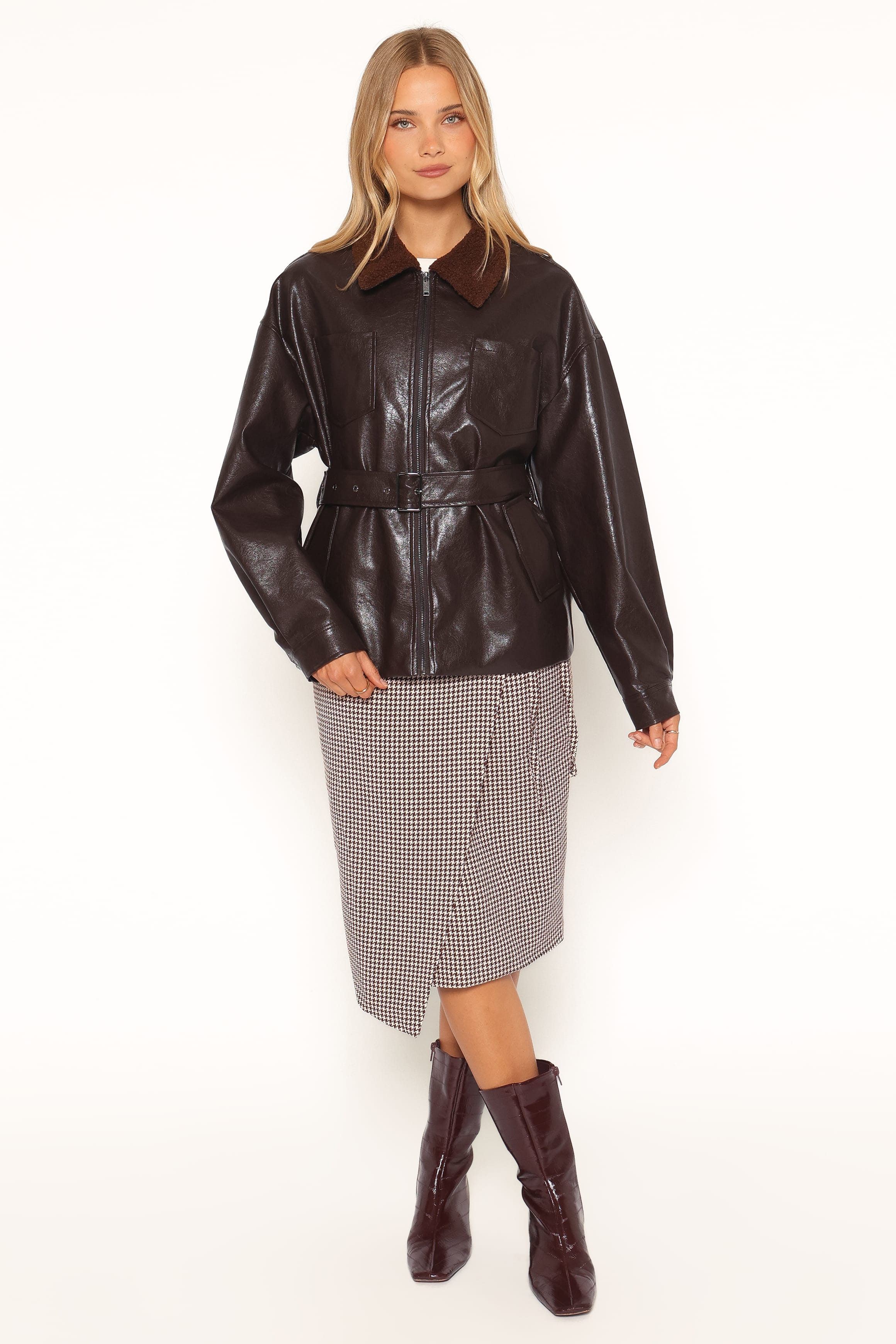 OUTERWEAR Hedley Belted Jacket - Chocolate Brown Vegan Leather