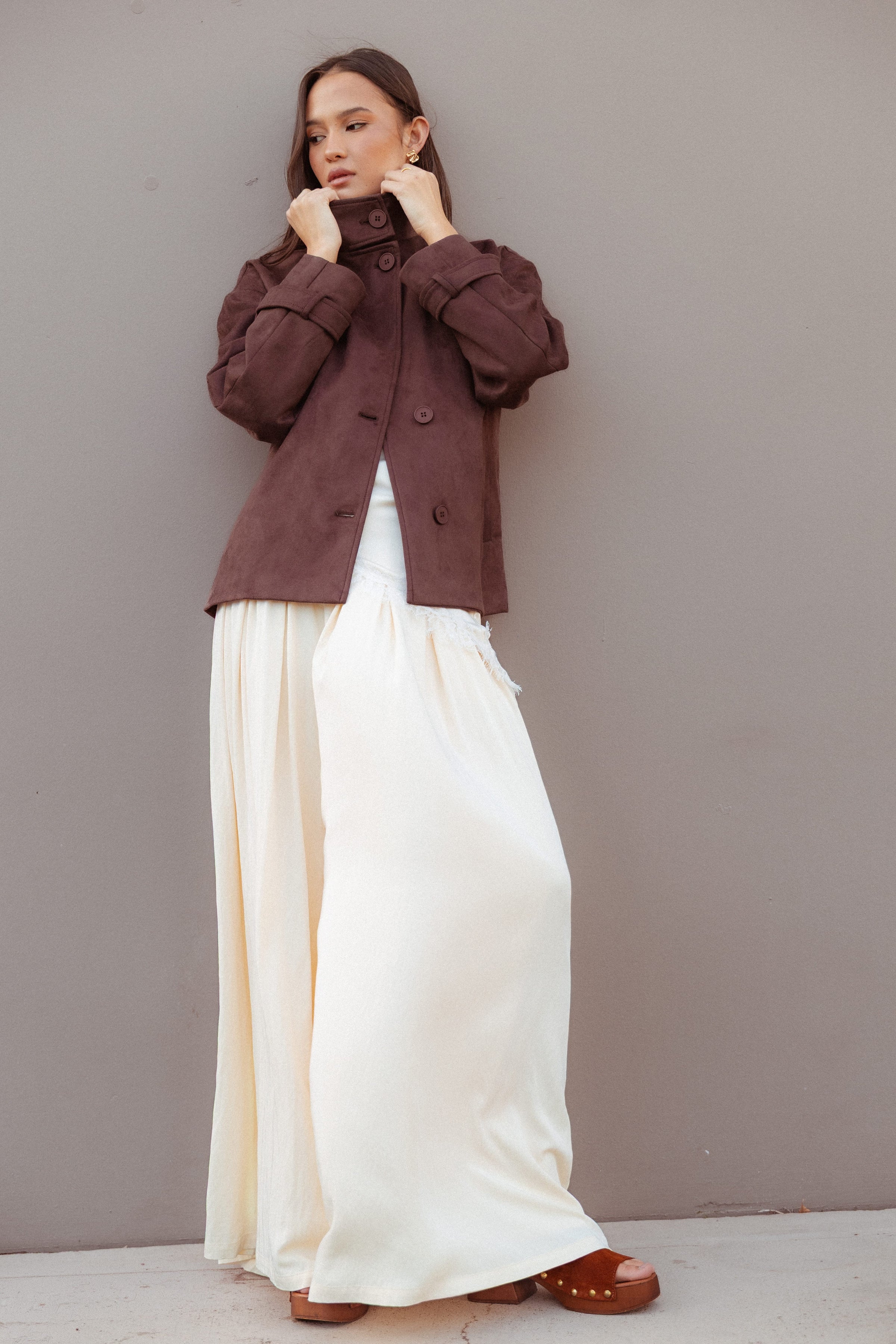 OUTERWEAR Kahlia Funnel Neck Jacket - Espresso Suede