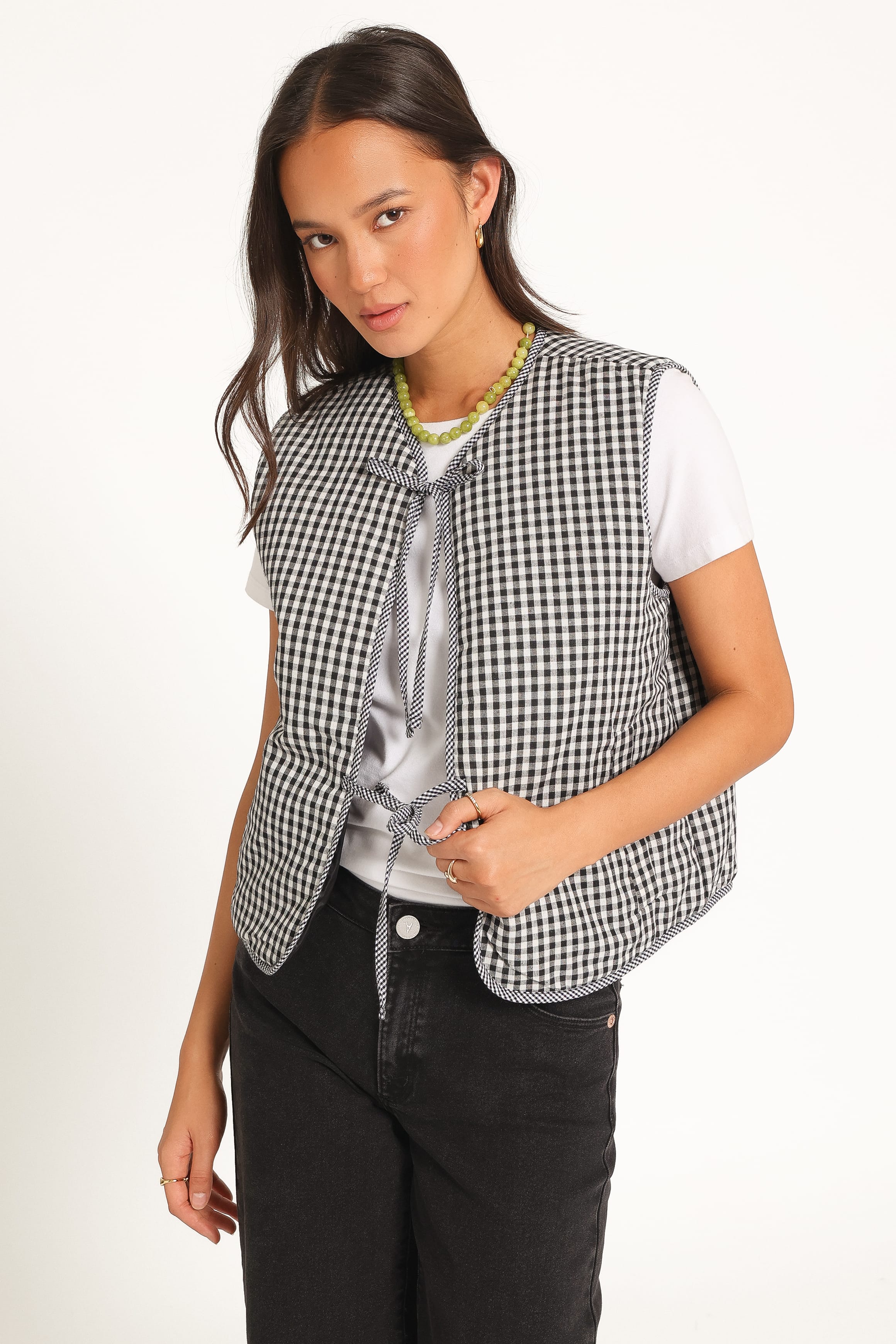 OUTERWEAR Laila Tie Front Vest - Black Gingham