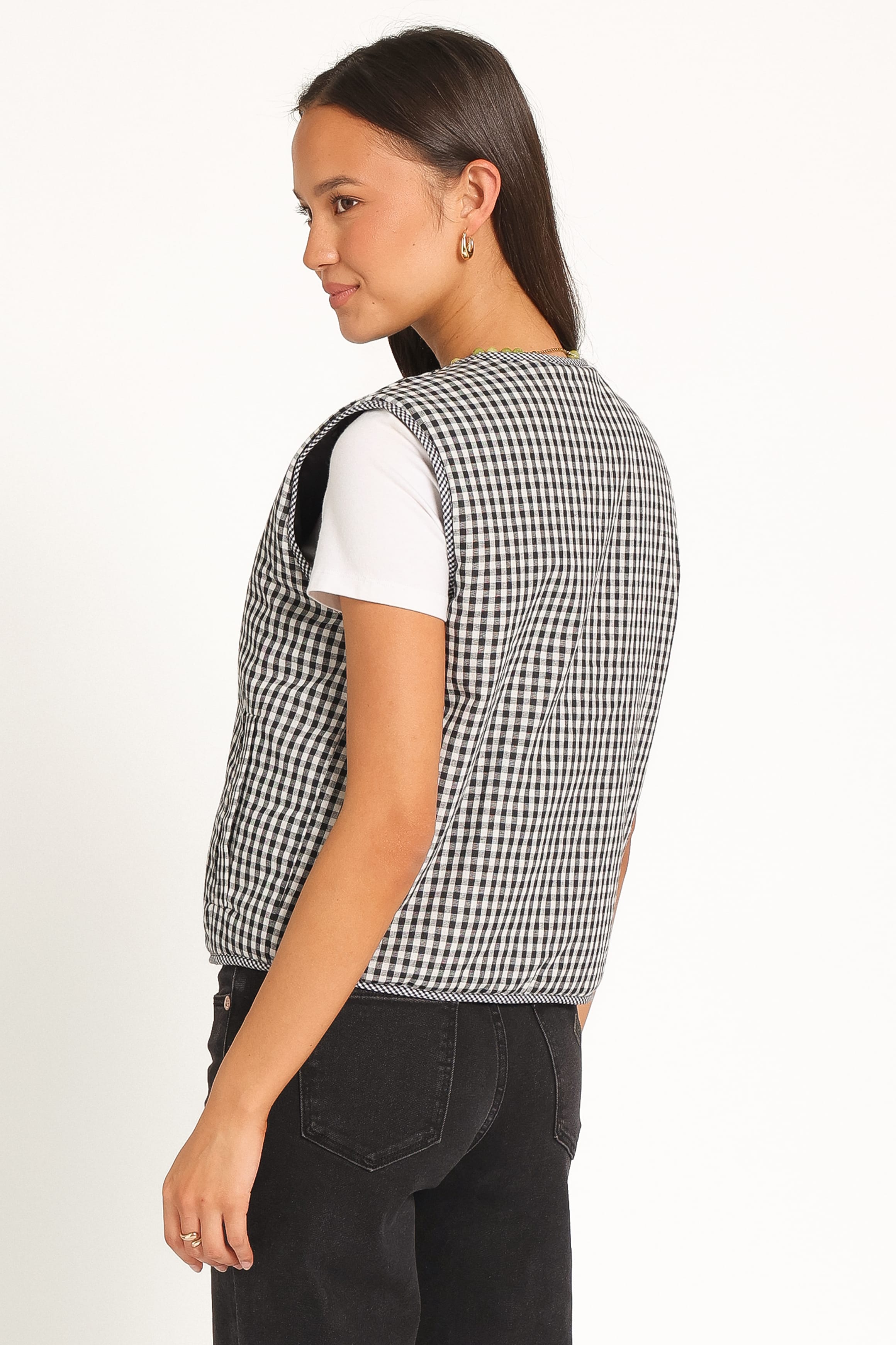 OUTERWEAR Laila Tie Front Vest - Black Gingham