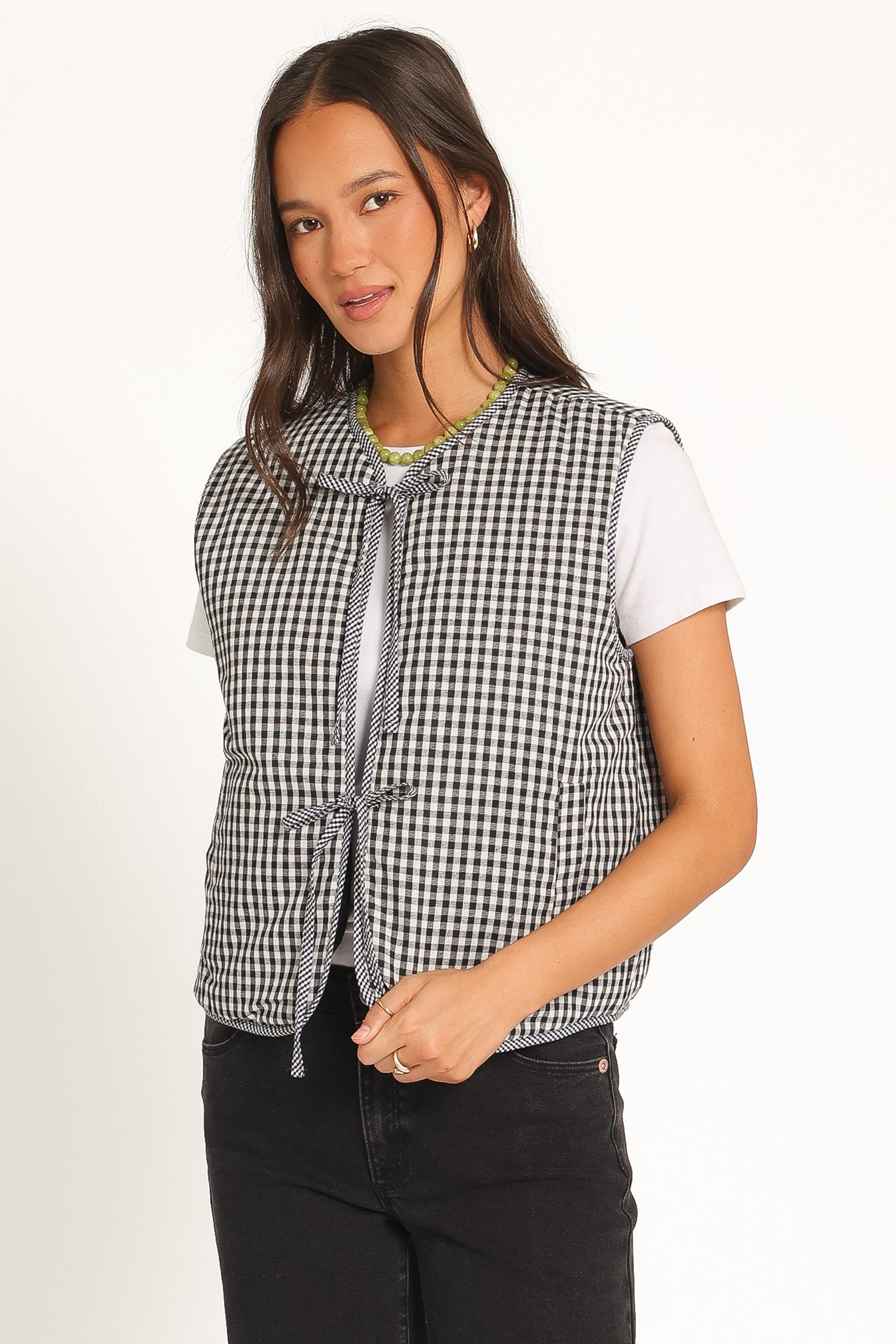 OUTERWEAR Laila Tie Front Vest - Black Gingham