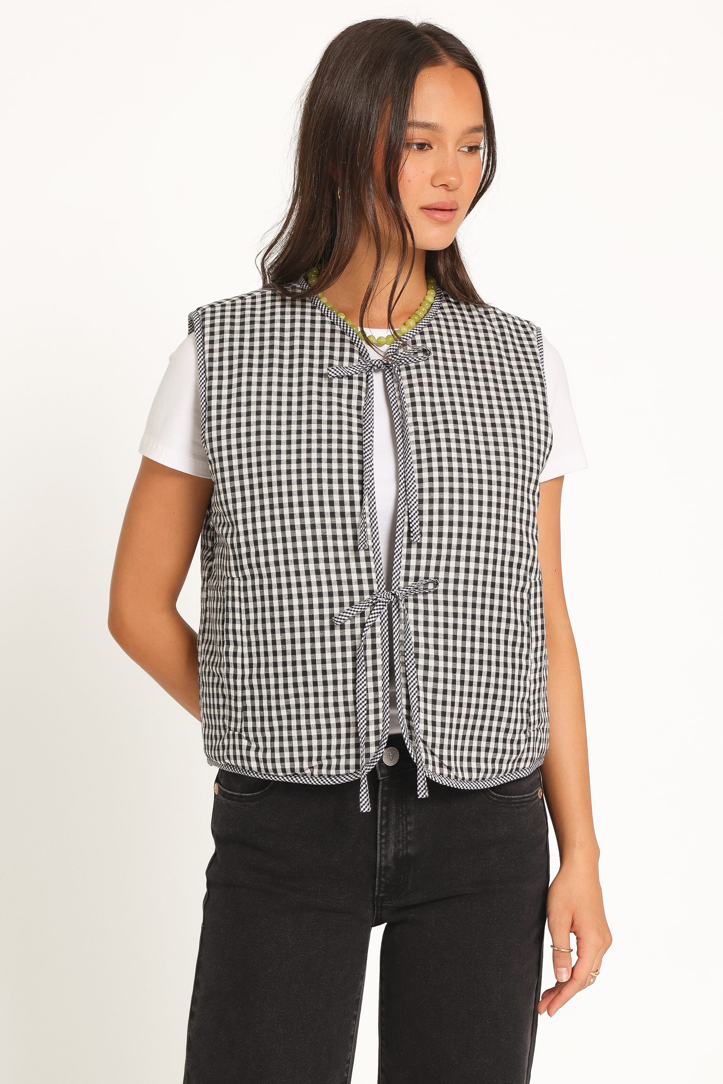 OUTERWEAR Laila Tie Front Vest - Black Gingham
