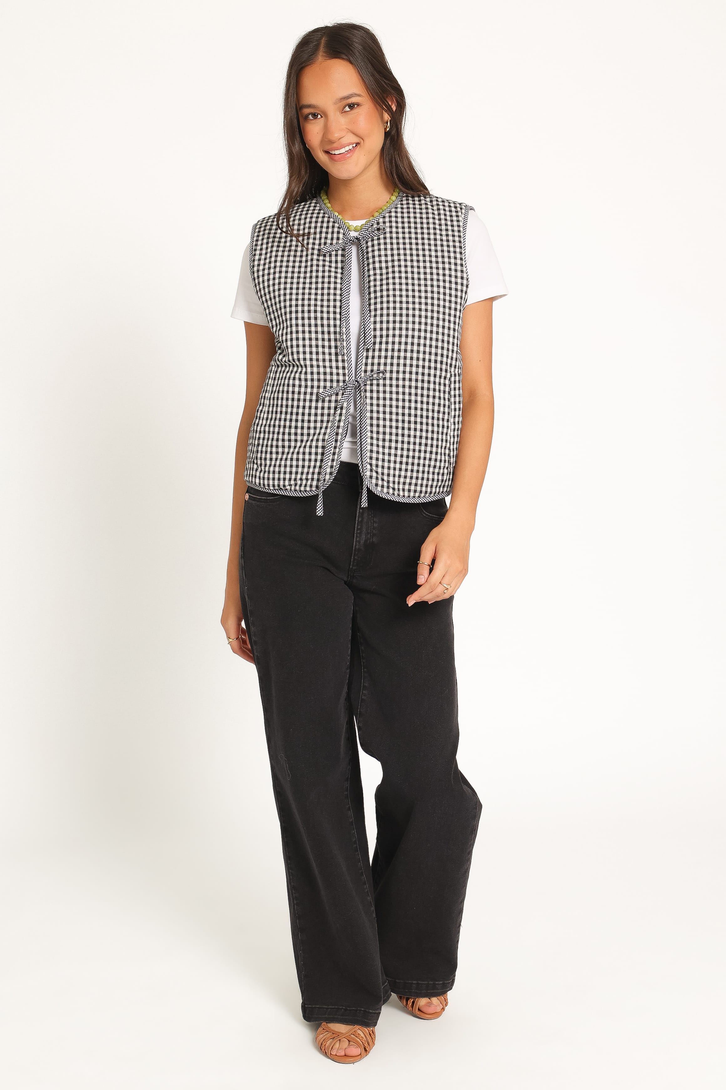 OUTERWEAR Laila Tie Front Vest - Black Gingham