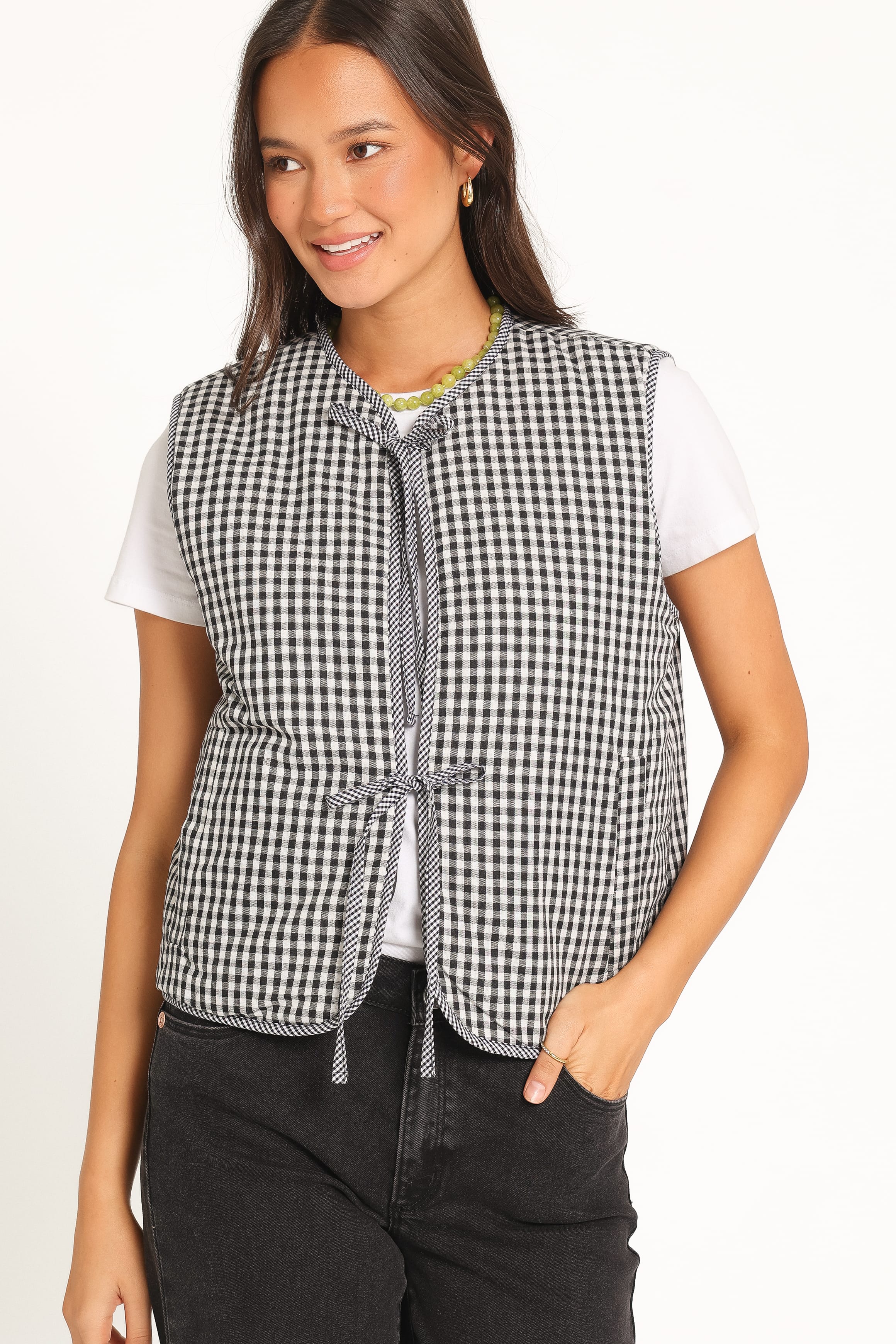 OUTERWEAR Laila Tie Front Vest - Black Gingham