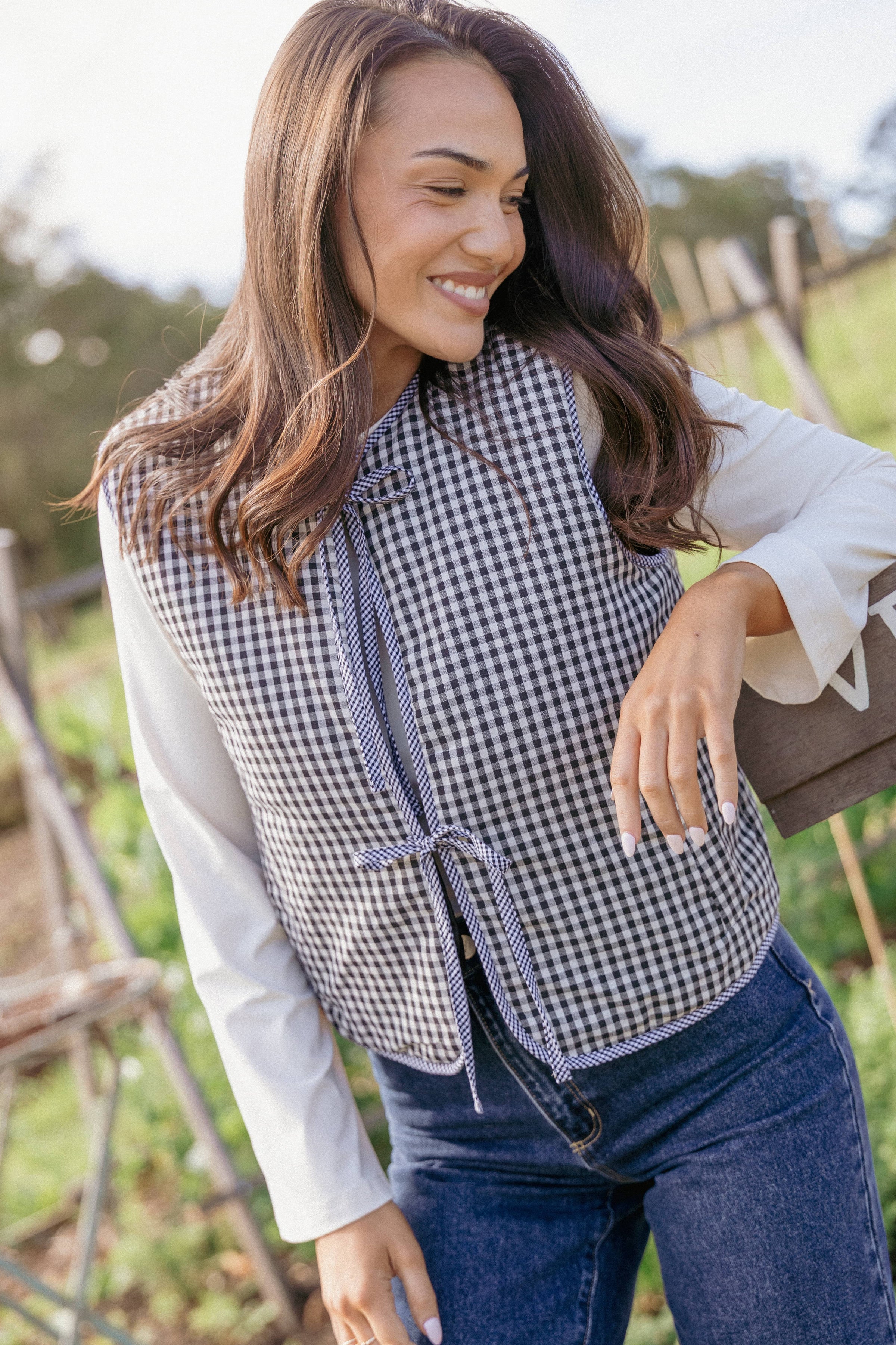 OUTERWEAR Laila Tie Front Vest - Black Gingham