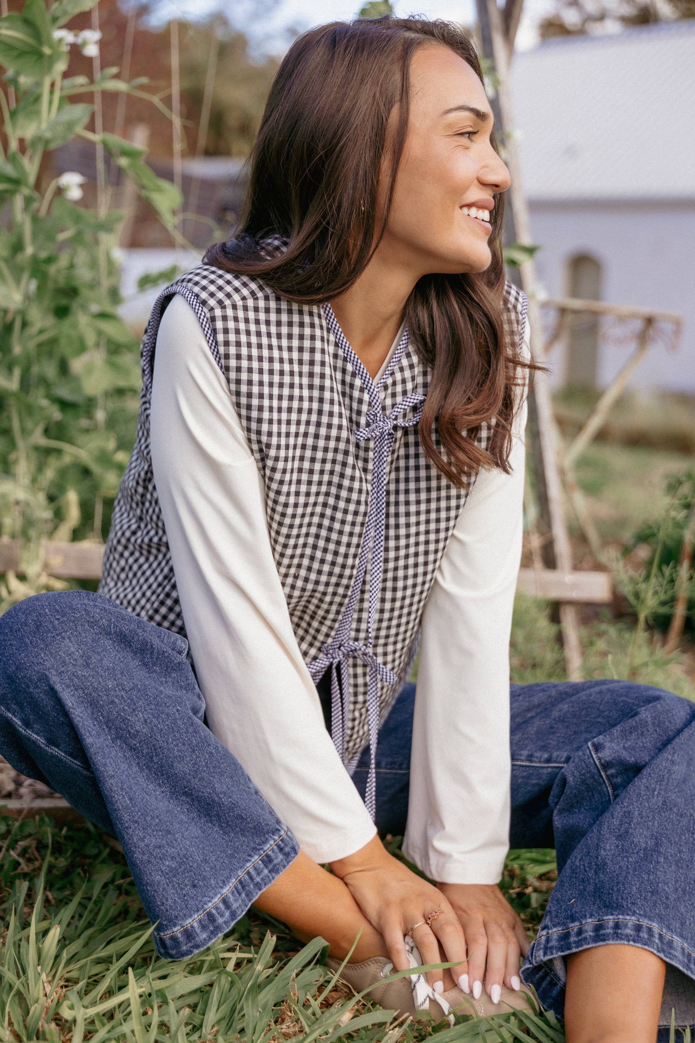 OUTERWEAR Laila Tie Front Vest - Black Gingham