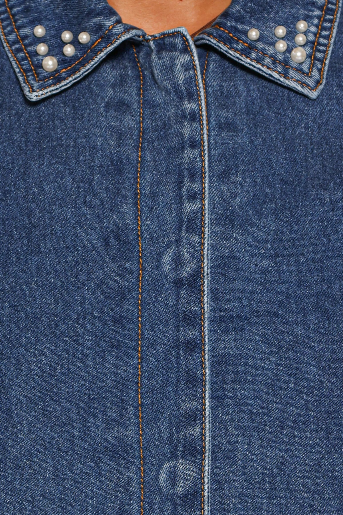 OUTERWEAR Mandie Pearl Trim Denim Shacket - Indigo