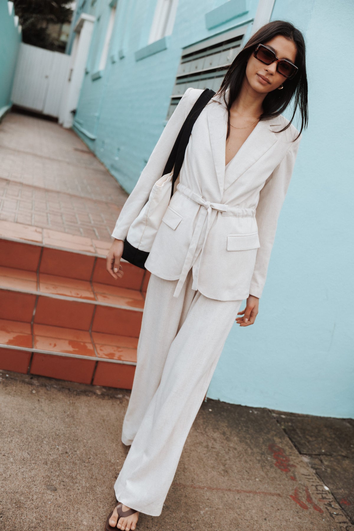 OUTERWEAR Merla Drawcord Waist Fitted Blazer - Oatmeal