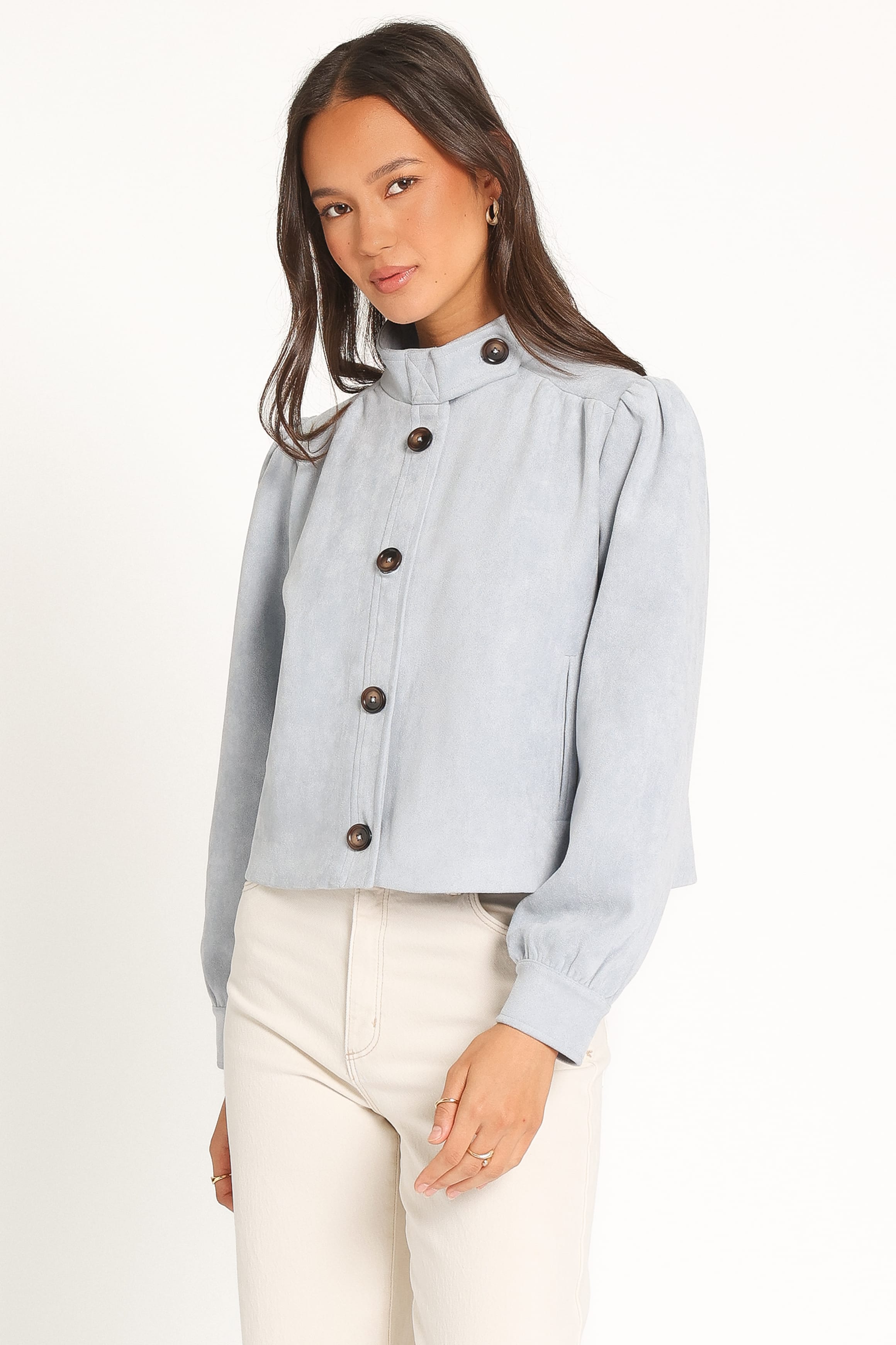 OUTERWEAR Taleah Puff Sleeve Crop Jacket - Baby Blue Suedette