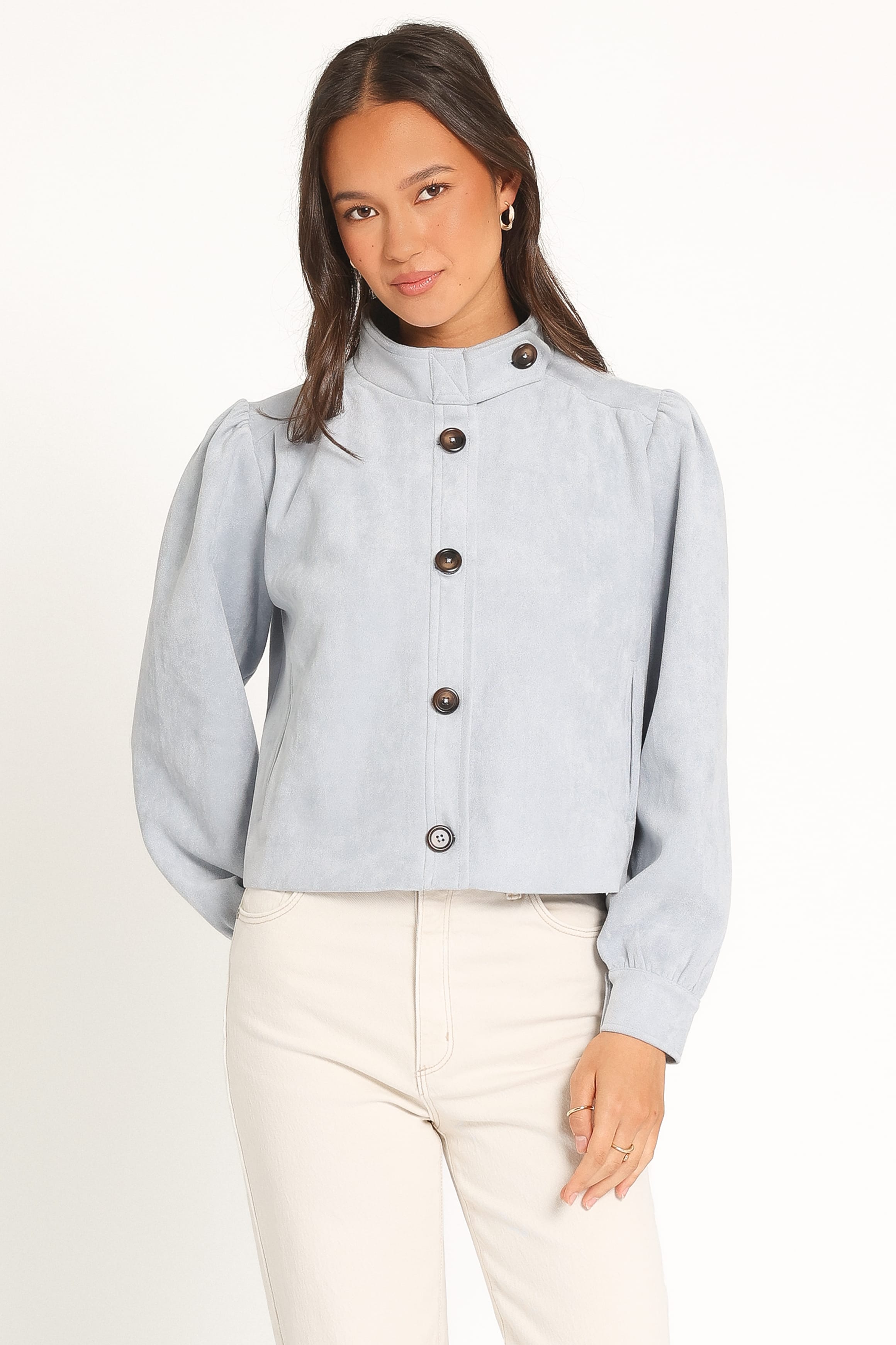 OUTERWEAR Taleah Puff Sleeve Crop Jacket - Baby Blue Suedette