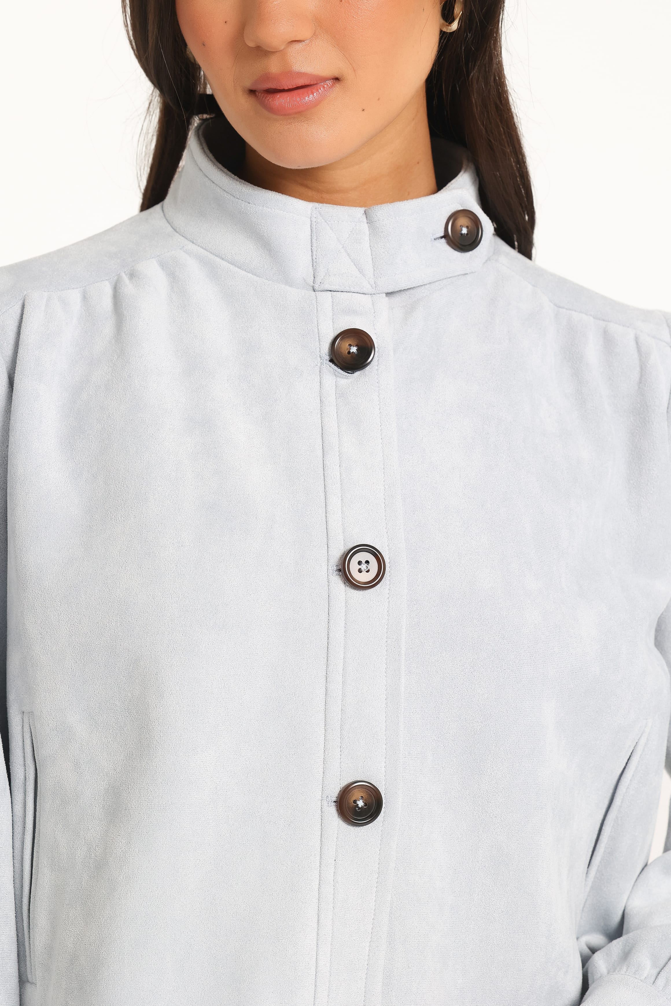 OUTERWEAR Taleah Puff Sleeve Crop Jacket - Baby Blue Suedette