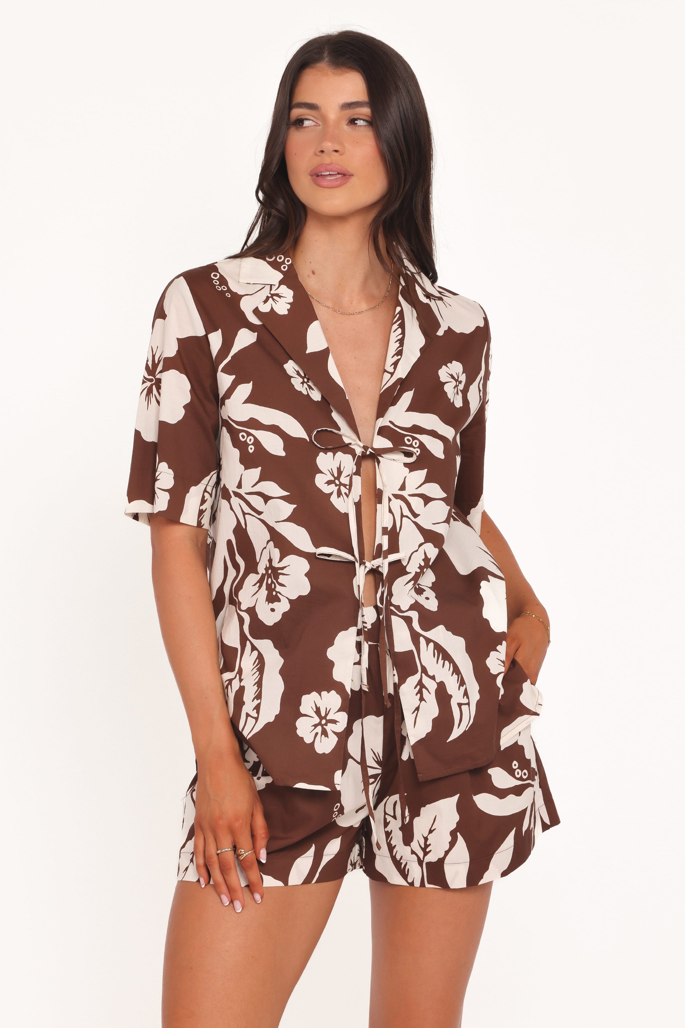 BOTTOMS Aaliyah Cotton Shorts - Brown Hibiscus