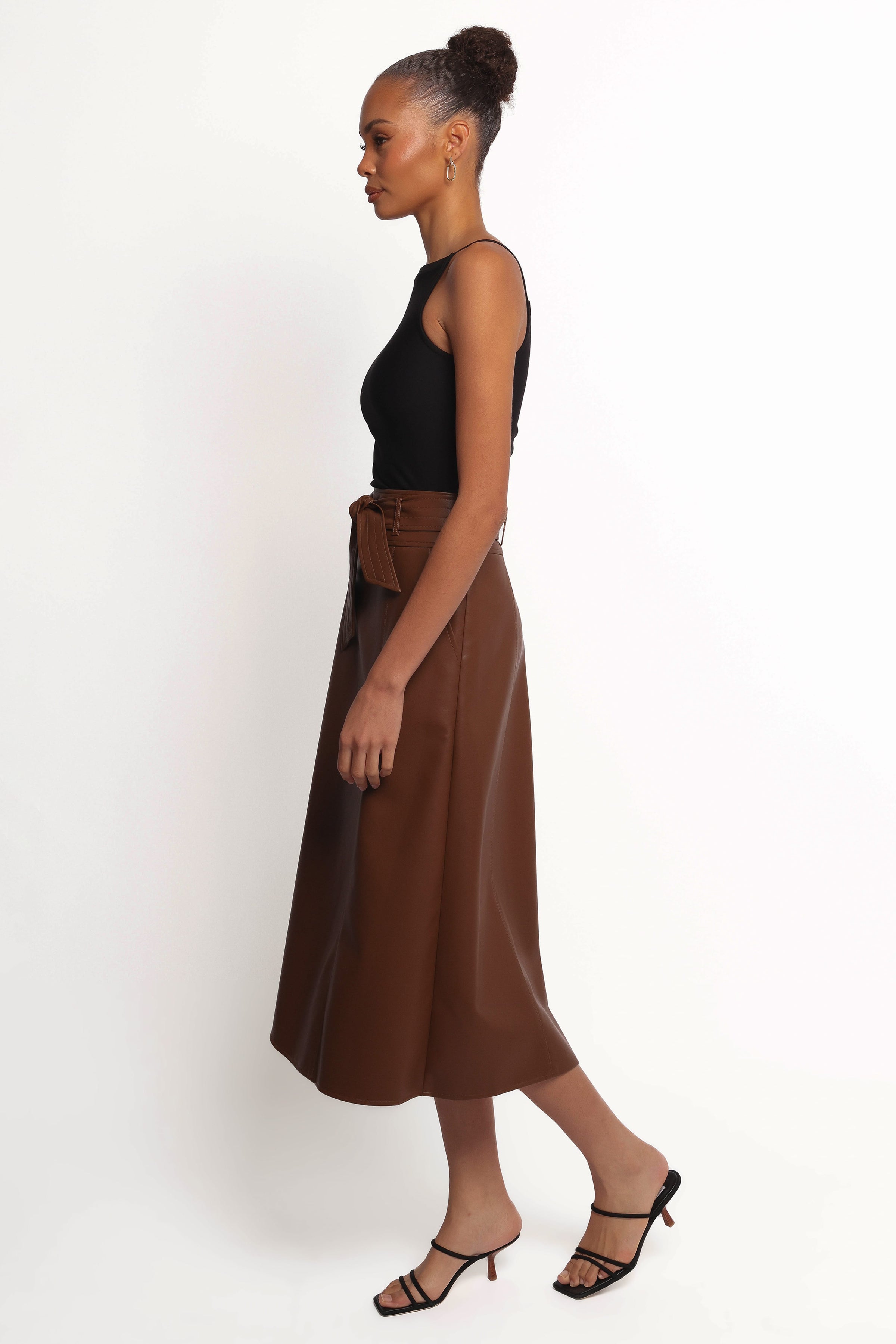 BOTTOMS Adaline Faux Leather Midi Skirt - Brown
